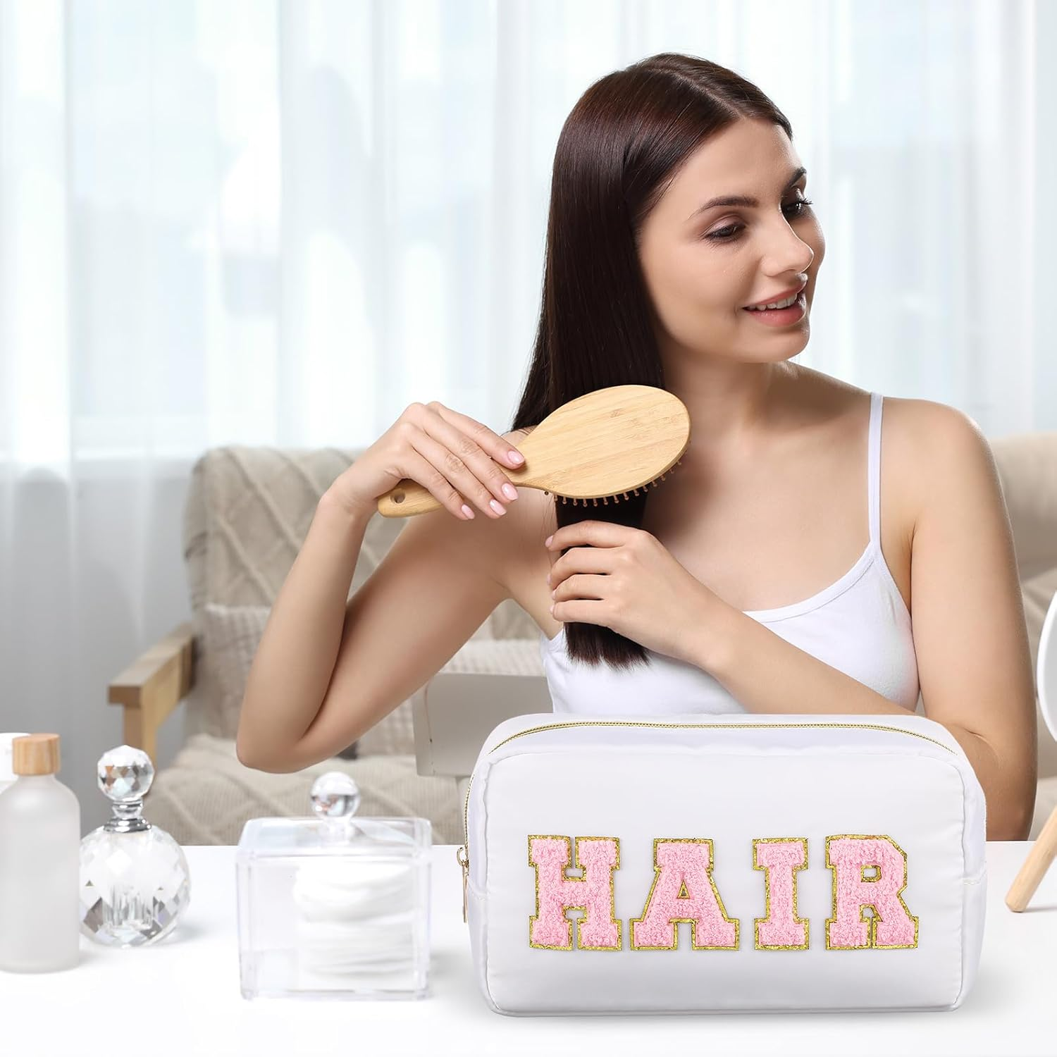 Remerry 4 Pcs Nylon Cosmetic Bag Travel Organizer Chenille Letter Makeup Pouch Zipper Preppy Waterproof Hair Bag Toiletry Pouch for Women Girls(Light Brown, Beige, Light Pink, White) - Colorful image number 3