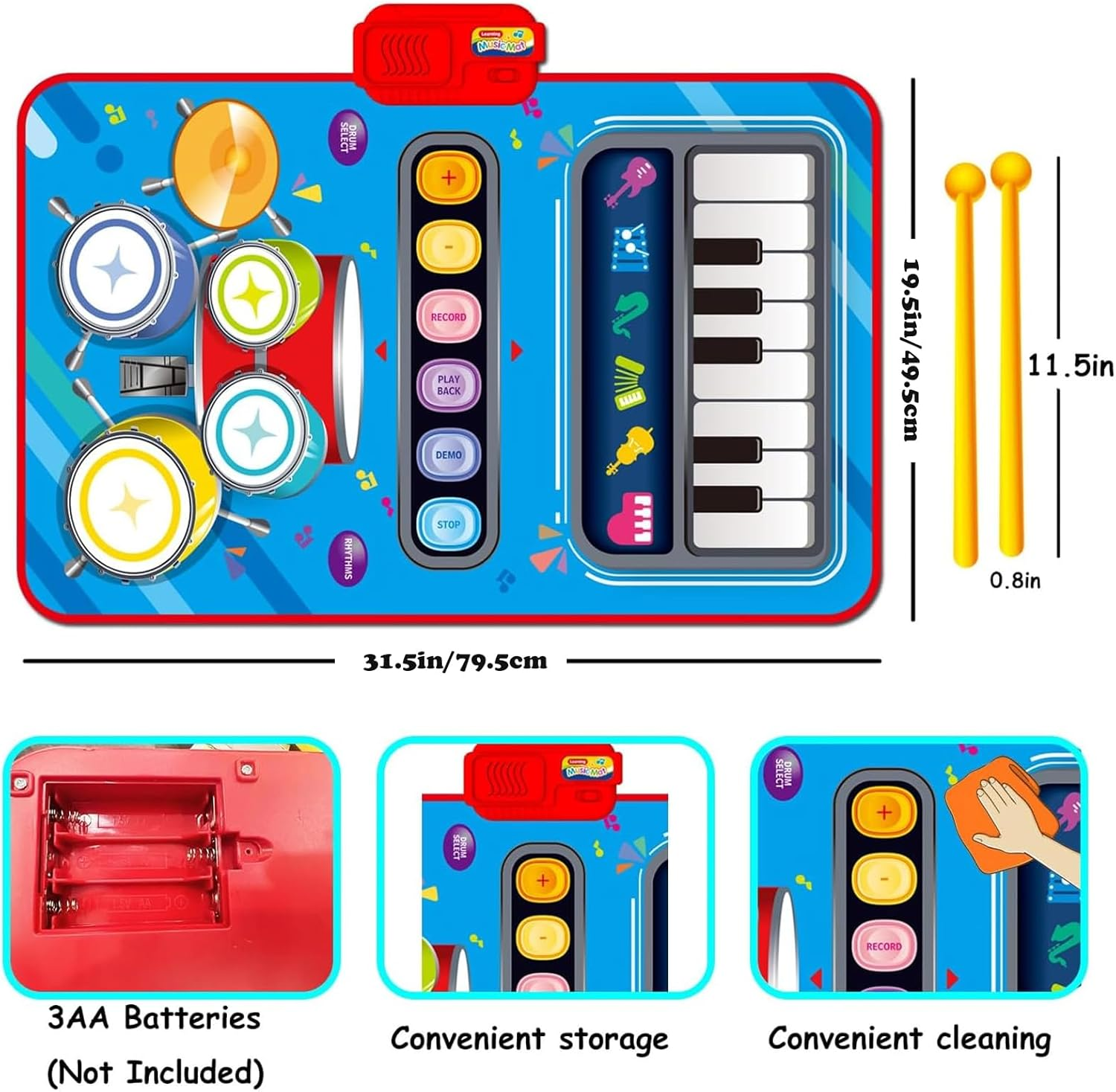 Musical Mat & Piano Keyboard & Drum 2 in 1 Floor Music Play Mat with 6 Instrument Sounds, Education Learning Toys Gifts for 3 Year Old Kids Girls Boys image number 5