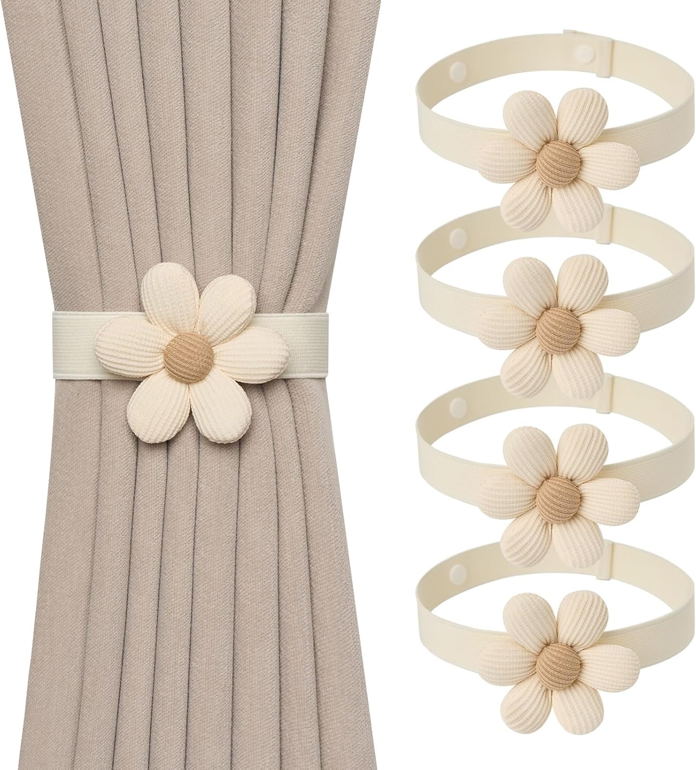 Pretty Jolly 4 Pack Cute Hand-Woven Flower Curtain Tiebacks Boho Farmhouse Style Home Decor Drape Tie Backs Adjustable Natural Cotton Rope Curtain Holdbacks for Home Office Window Draperies (C-Coffee)