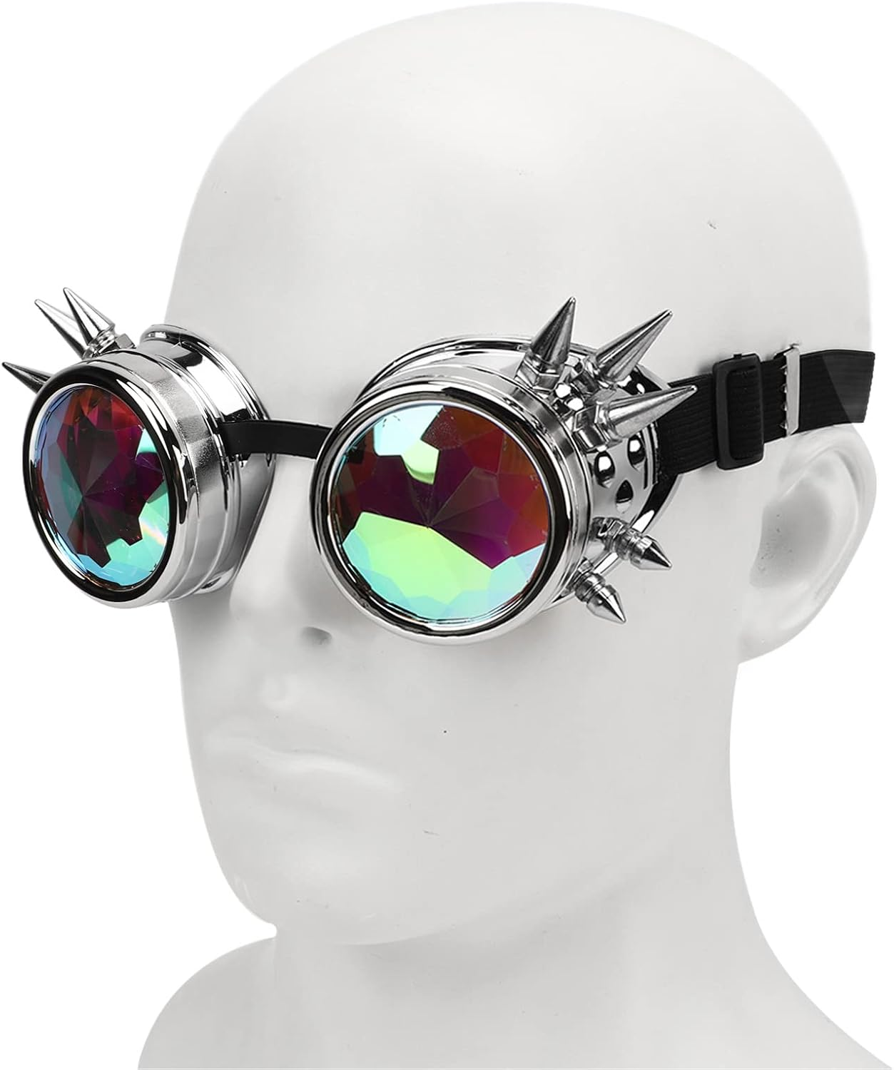 Steampunk Goggles, PC ABS Retro Psychedelic Rave Goggles with Adjustable Elastic Band, Adjustable Nose Rest Kaleidoscope Rave Glasses Festival Accessories for Christmas Halloween (Gloss Silver) - Gloss Silver image number 3