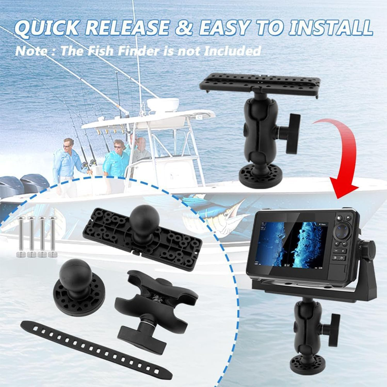 Songholee Fish Finder Mount Base, Universal 360&deg; Rotation Ball-Mount Fish Finder Bracket, Nylon & Stainless Steel Electronic Fish Finder Holder for Marine Boat Kayak Pontoon Canoe 4*Srews, 4*Nuts﻿ image number 6