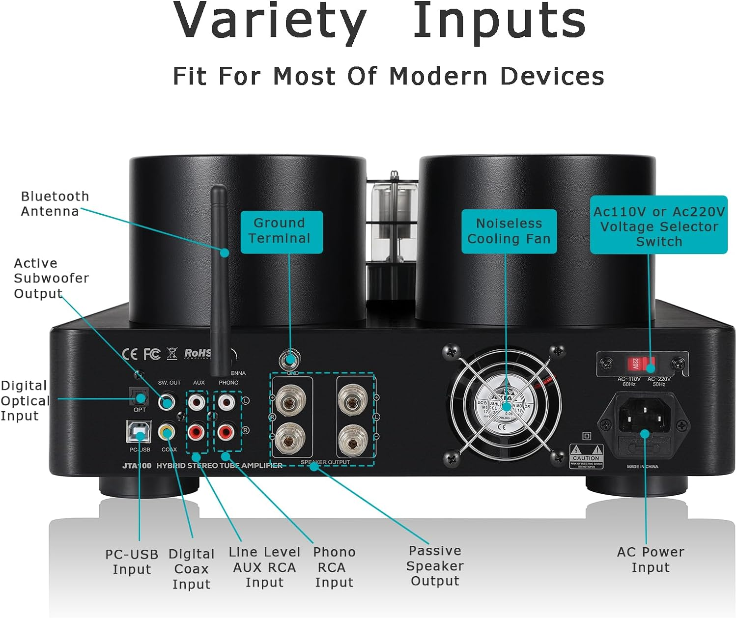 Juson Audio JTA100 200W Vacuum Tube Amplifier Integrated Hybrid with BT 5.0 Optical AUX RCA Phono Input and Headphone Output 2.1CH Class AB Hifi Home Audio for Turntable image number 1