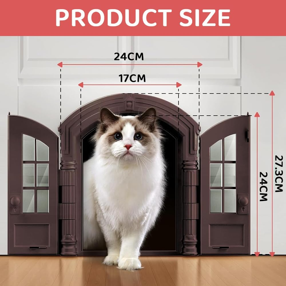 JIUSEGE Indoor Cat Door &ndash; No-Flap French Bi-Fold Pet Door for Cats up to 11 KG, Odor-Isolating Design, Easy DIY Installation, Secure Fit, Brown &ndash; 24 X 27.5 X 7.2 CM image number 1
