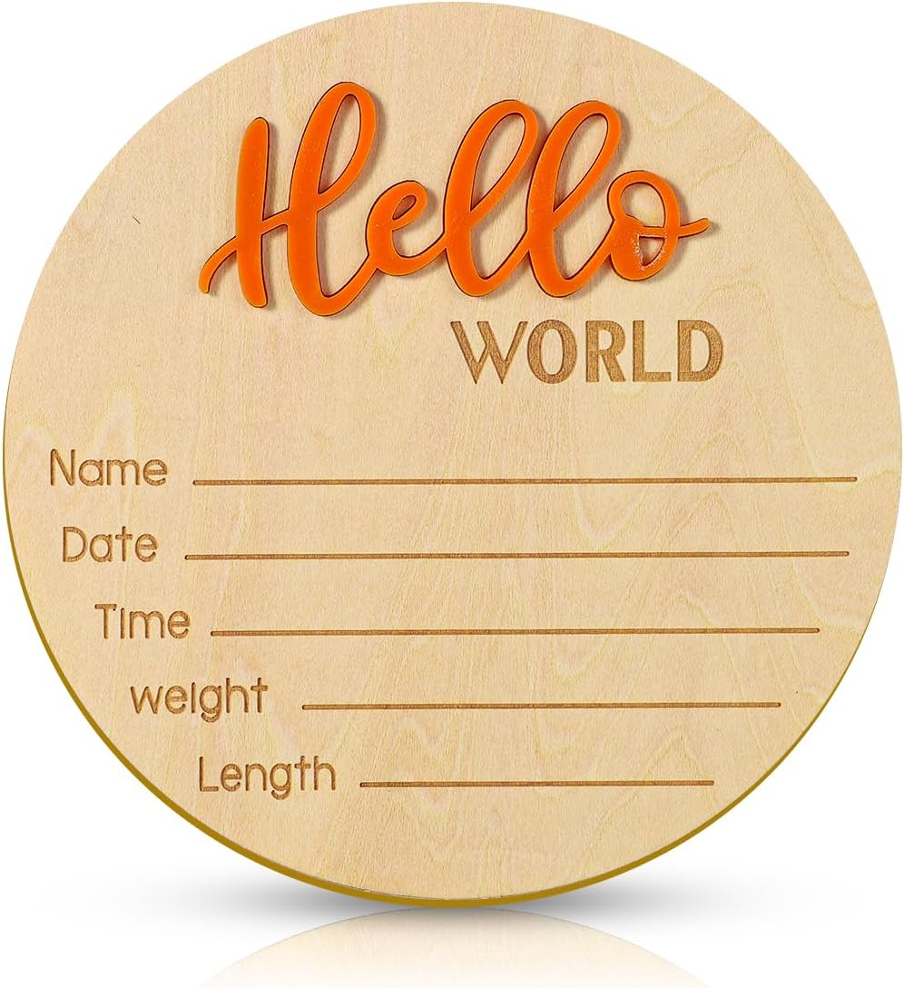 Announcement Sign Baby, 15 Cm Wooden "Hello World" Welcome Sign for Newborn Name Plate Baby Birth for Photo Props Baby Shower Hospital Nursery (Yellow)