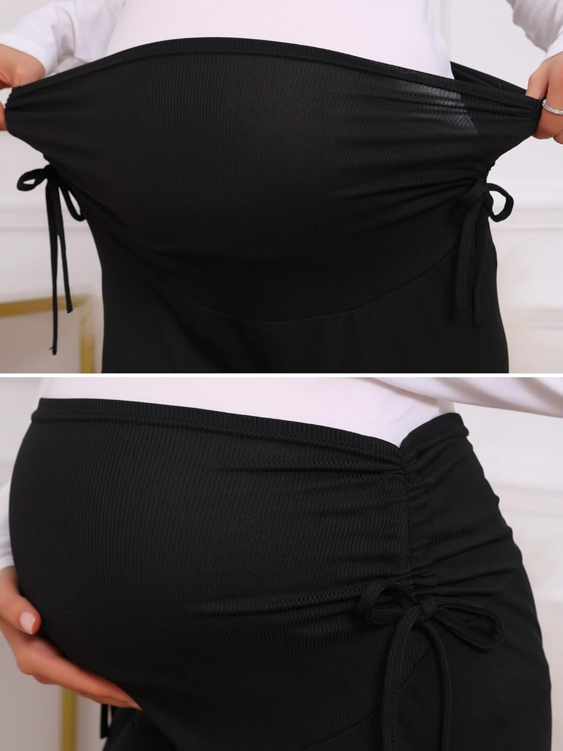 Womens Maternity Pants Ribbed Knit Palazzo over the Belly Work Lounge Wide Leg Pregnancy Trousers Black XL image number 5