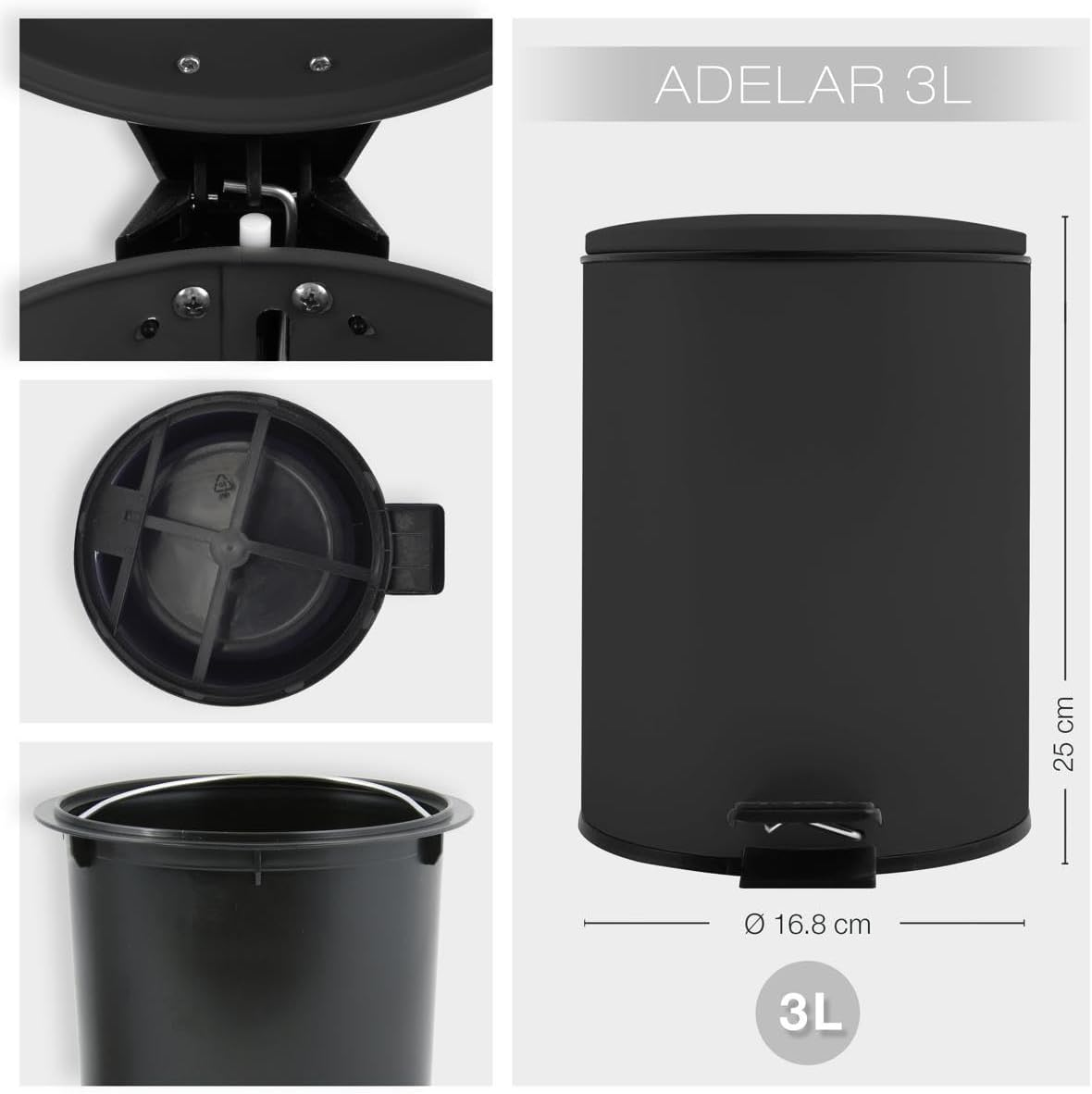 Spirella Adelar Cosmetic Bin 3 Litres Stainless Steel with Soft-Close Mechanism and Inner Bucket Bathroom Rubbish Bin Soft Close Black - Ice Blue Matt image number 4