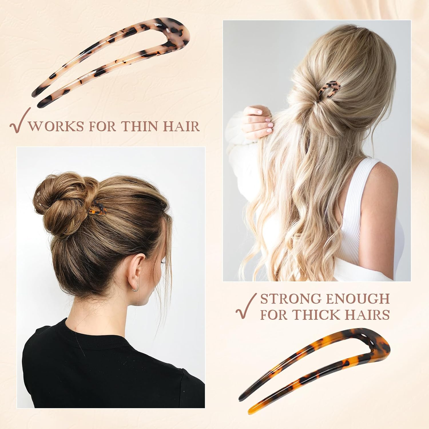 2 Pack Benefree French Style Cellulose Acetate Tortoise Shell U Shaped Hair Pins Fork 2 Prong Updo Chignon Pin for Women Girls Hairstyle Accessories（Tortoiseshell and White Tortoiseshell) image number 1