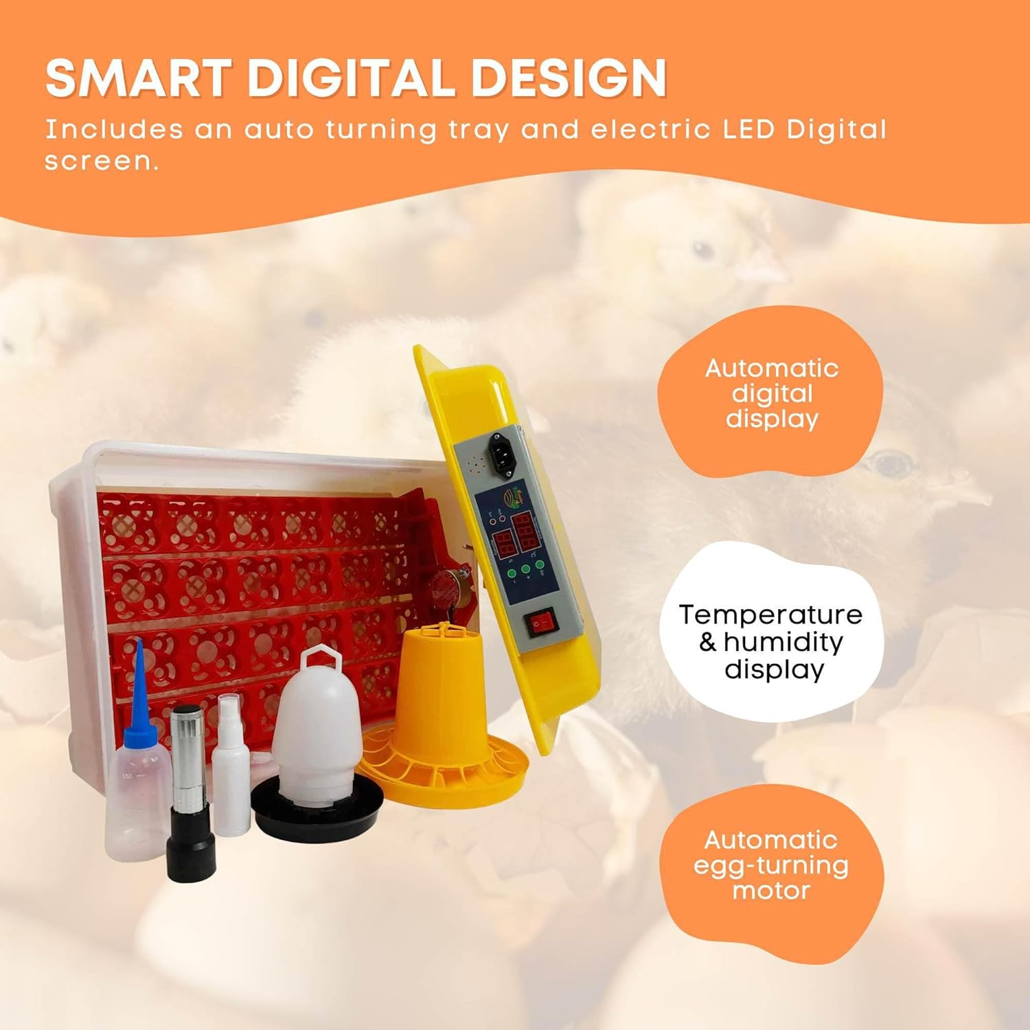 Electric 24 Egg Incubator + Accessories for Chicken, Quail, Duck - Smart, Yellow, 47 X 33 X 23 Cm image number 1