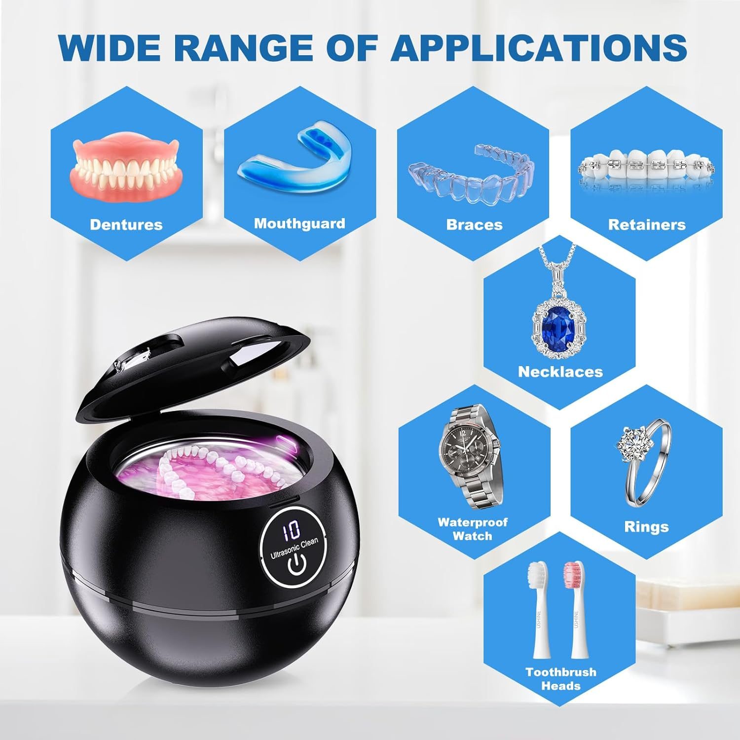 Ultrasonic Retainer Cleaner Machine, 45K HZ Dental Cleaning Pod with UV for Retainer, Dentures, Whitening Trays, Toothbrush Head, 190Ml Portable Ultrasonic Denture Cleaner for Home or Travel image number 5