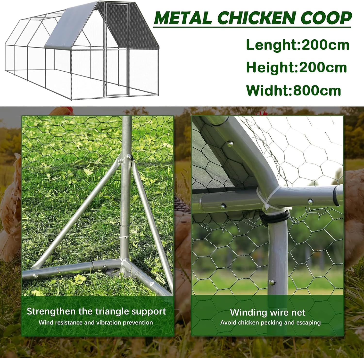 2X8X2M Large Chicken Coop Run, Chook Pen Walk in Chook Cage House Shelter Outdoor Chicken Cage Galvanised Steel image number 3