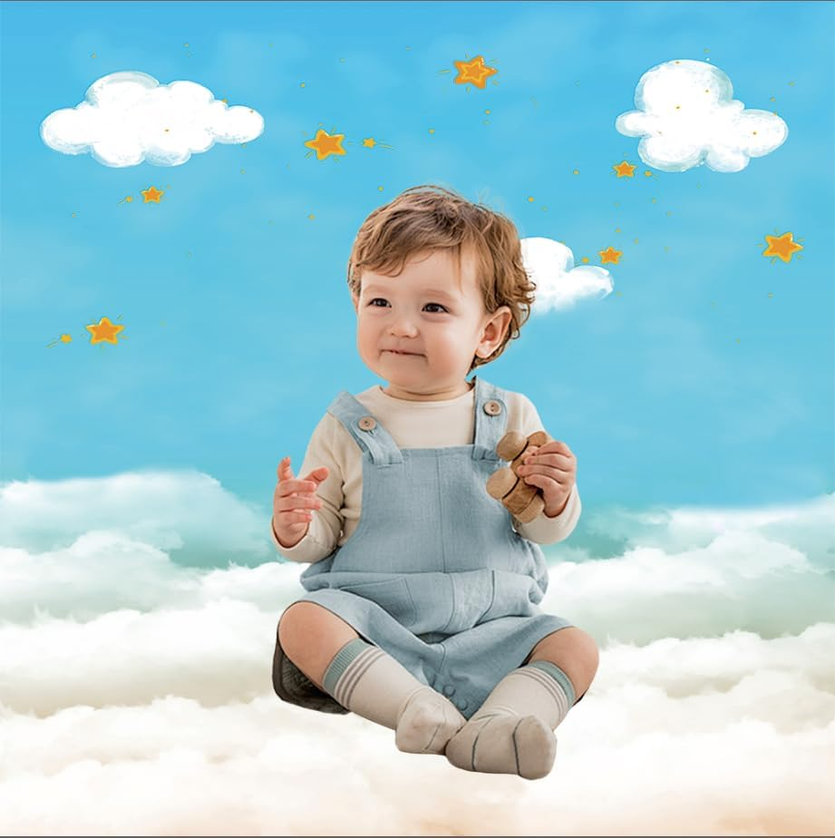 MEHOFOND 5X7Ft Blue Sky White Clouds Stars Backdrop for Photography Boys and Girls Portrait Backdrop Newborn Baby Shower Cake Smashed Birthday Party Decoration Banner image number 1