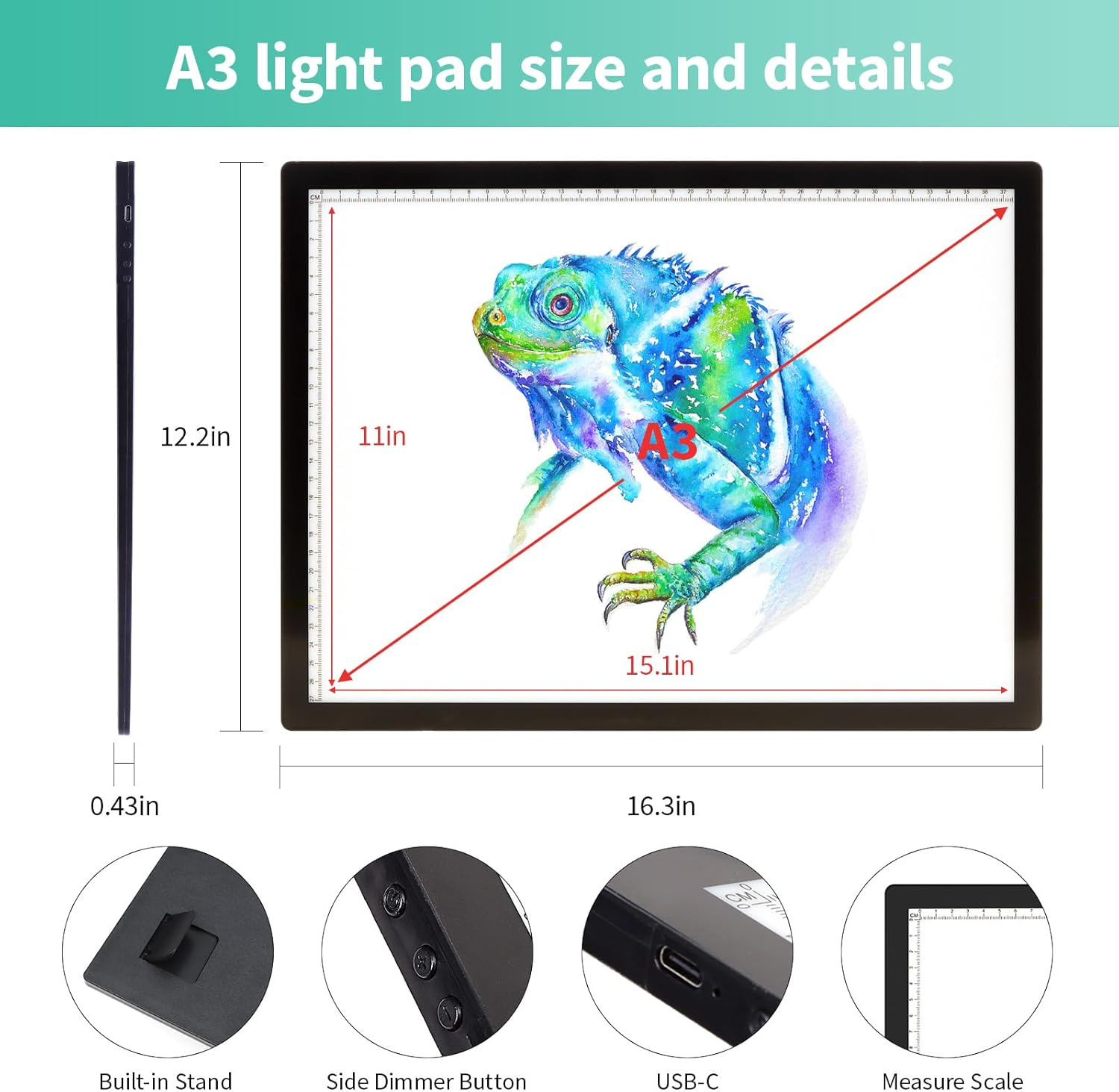 A3 Light Box for Drawing - Portable Battery Powered Light Pad, 3 Colours 6 Levels Brightness Tracing Light Box, Rechargeable LED Light Board for Diamond Painting Weeding Vinyl Drawing image number 2