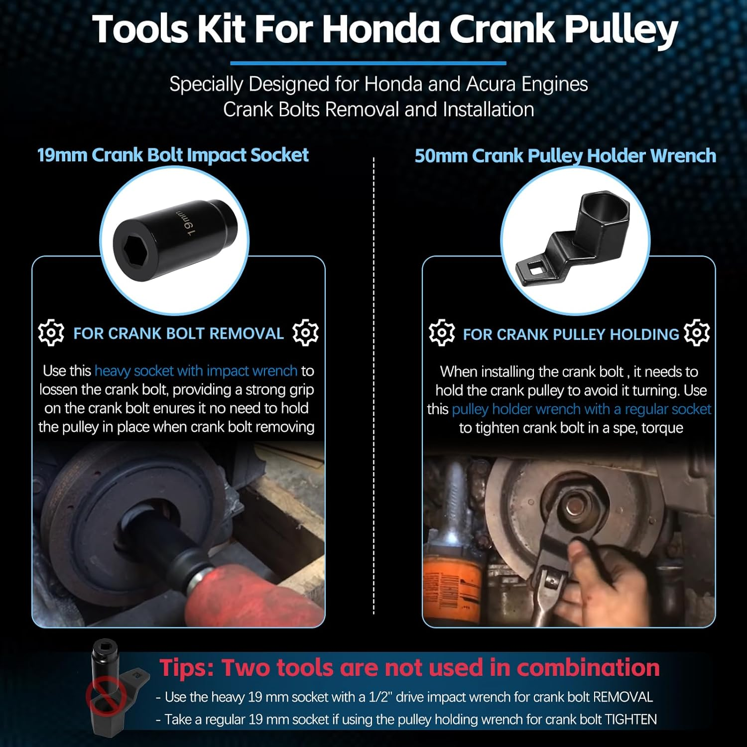 19 Mm Harmonic Balancer Socket & 50Mm Crankshaft Crank Pulley Wrench Holder for Honda and Acura Engines image number 2