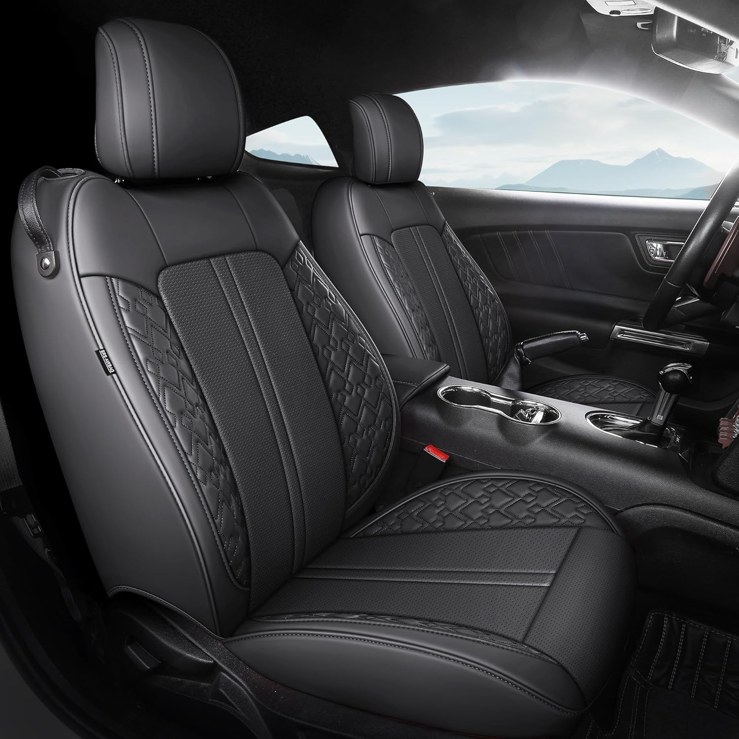 FEINEPRO Custom Fit Car Seat Covers for Ford Mustang Fastback/Mach 1/ Coupe (Not for Recaro) 2015 2016 2017 2018 2019 2020 2021 2022 2023, Waterproof Faux Leather Seat Covers Black