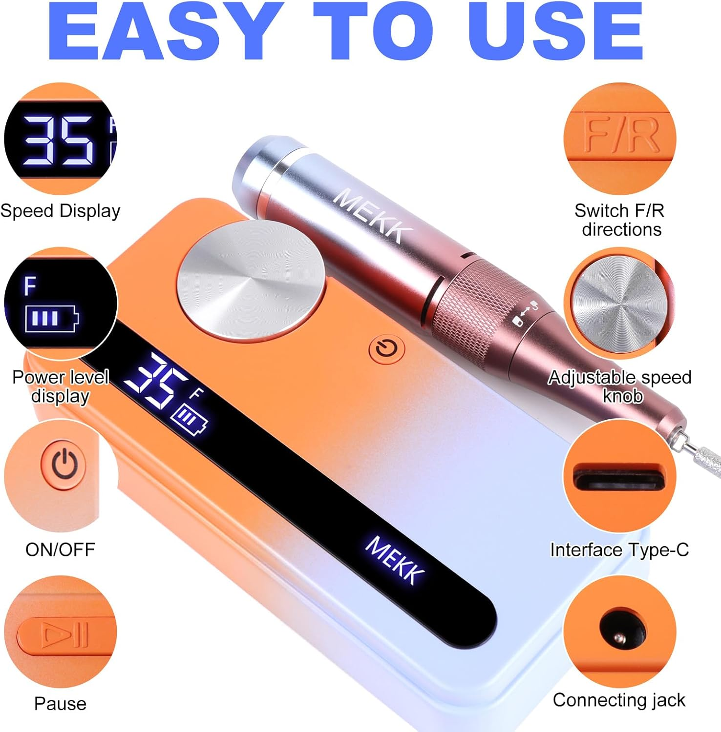 MEKK Nail Drill Kit,35000Rpm Electric Nail Drill Professional Electric Nail File with 12PCS Bits,Anti-Shaking Cordless E Filer for Nails,Home & Salon(Orange Blue) - A-Orange image number 4