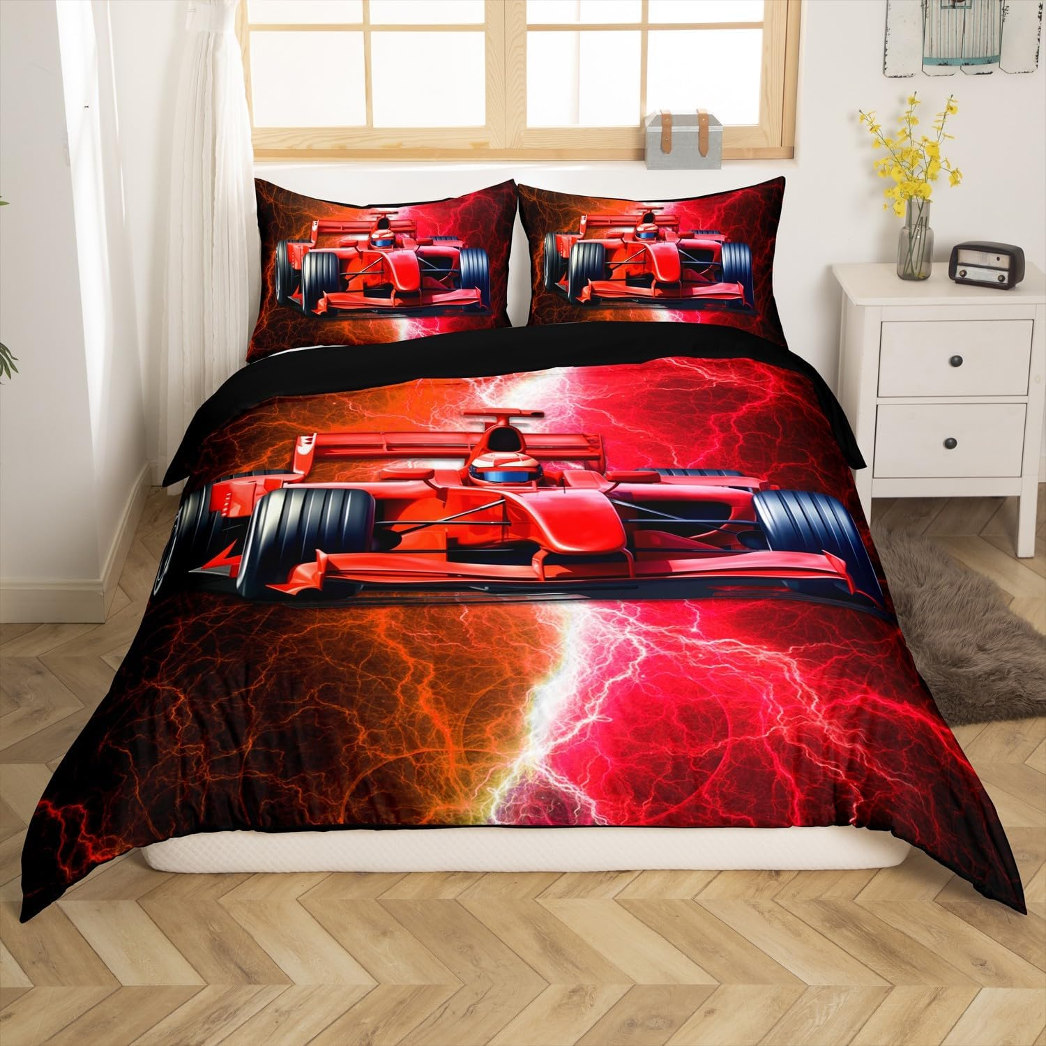 Racing Car Duvet Cover 155 X 220 Cm for Boys, Red Orange Racing Car Bedding Set for Men Women, Racecar Cars Bed Set Lightning Modern Duvet Cover with 1 Pillowcase Bedroom Decor (No Comforter)