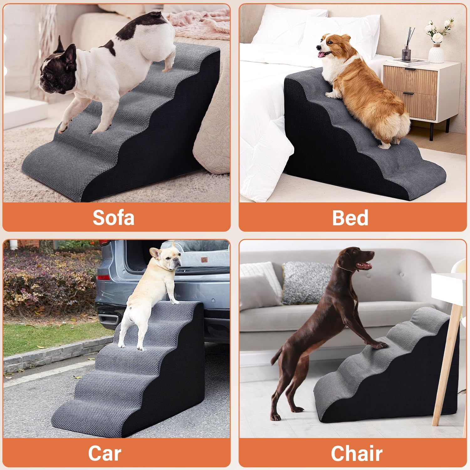 Curved Dog Stairs Ramp, 5 Steps Spliceable Dog Stair, 58Cm Height Pet Stairs for High Bed 28" H Climbing, 35D Foam Non-Slip Bottom Pet Step Indoor & Outdoor Multi-Use with Removable & Washable Cover