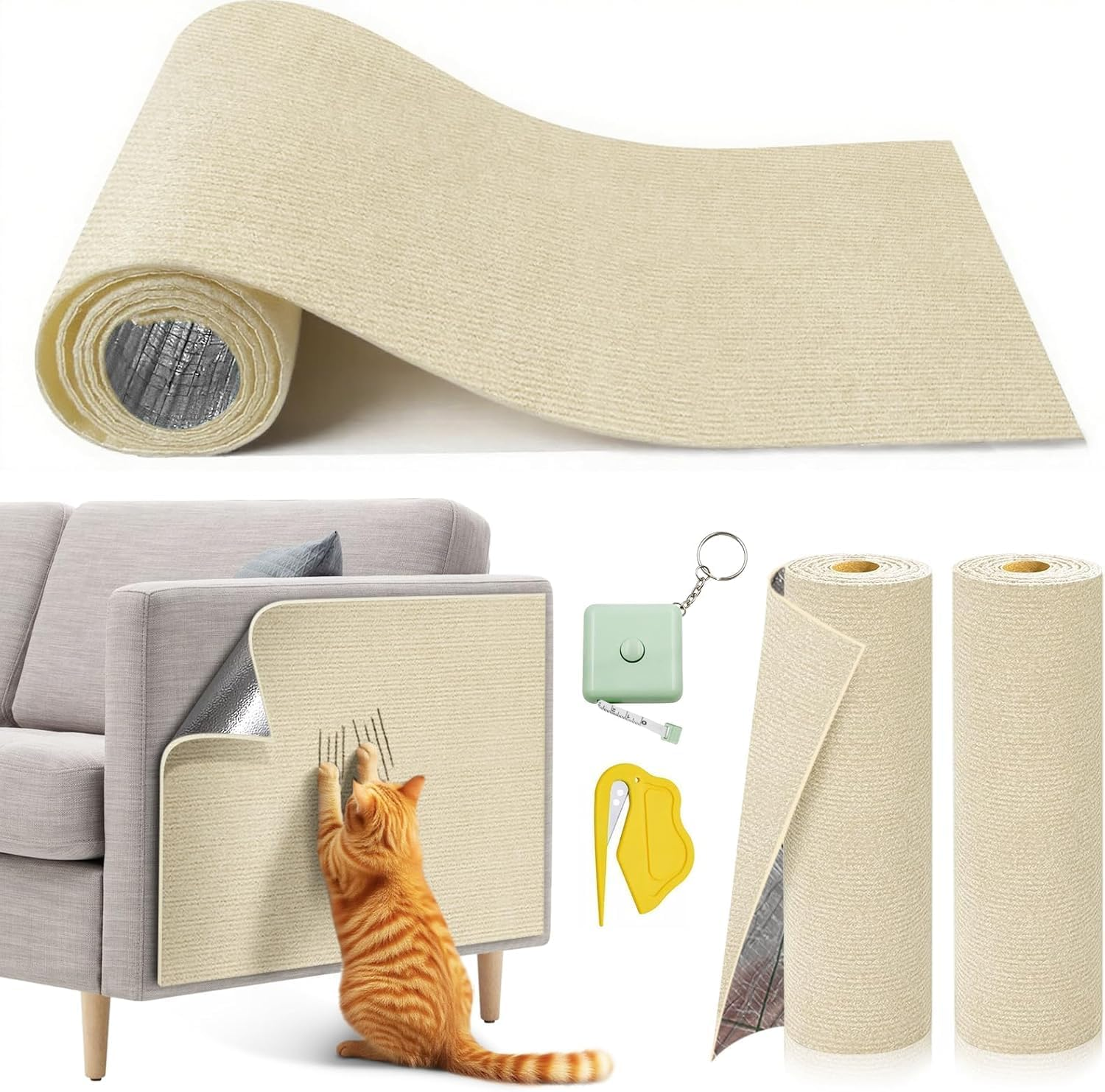 MIAOKE Pack of 2 90 X 40 Cm, Scratch Protection for Cat Furniture with Utility Knife and Tape Measure, Cut to Size Self-Adhesive Scratching Mat for Cats, Suitable for Homemade Scratching Post Stands