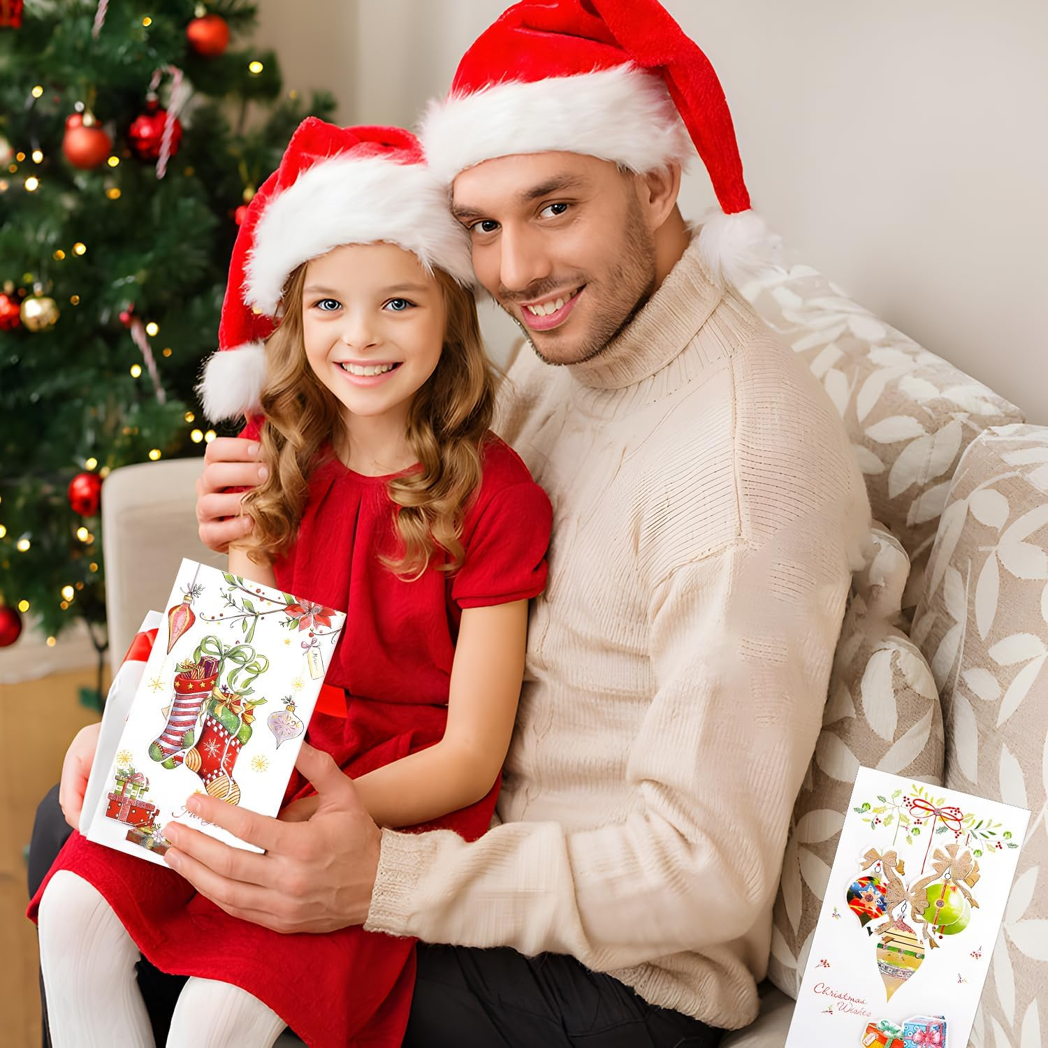 Recycled Christmas Cards with Envelopes (Set of 8), Christmas Folding Cards for Christmas Greetings - White/Red image number 2