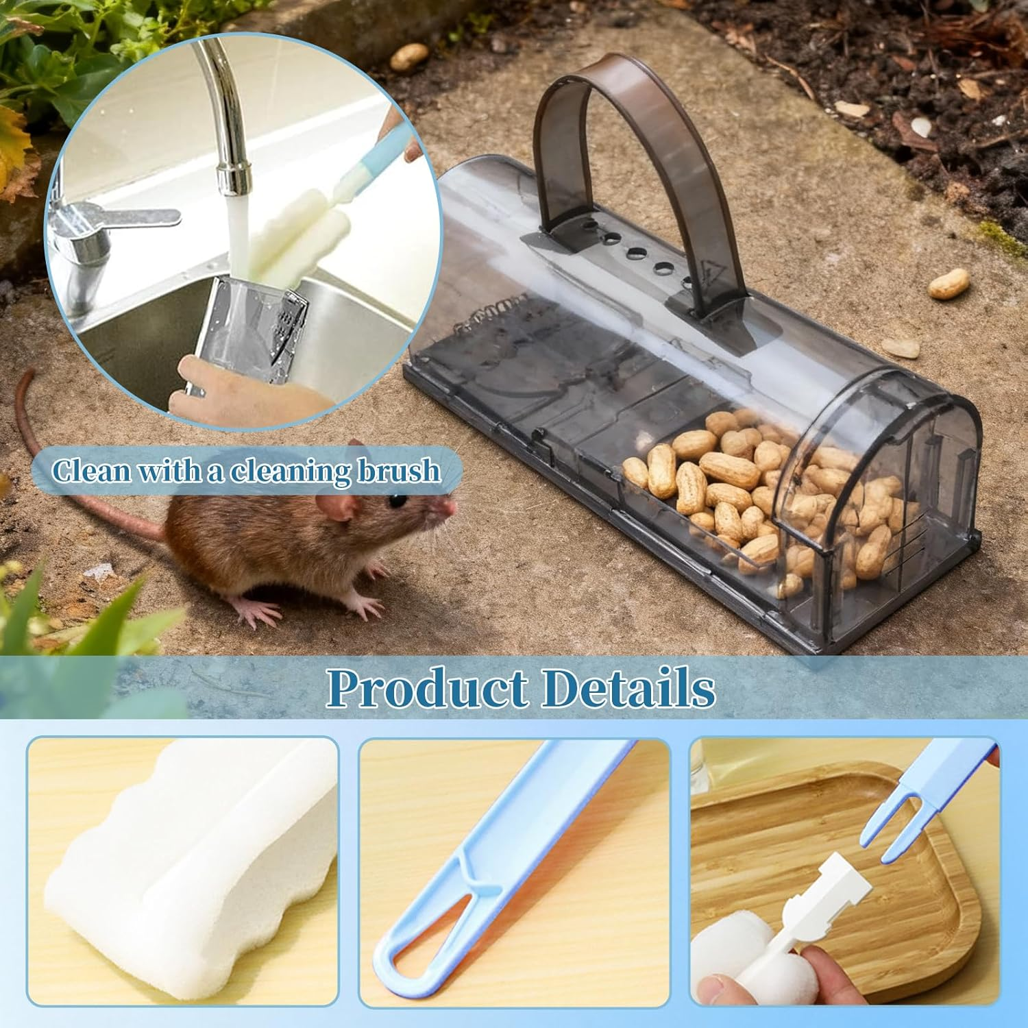 4Pack Humane Mouse Trap Cage with Handle & Cleaning Brush - Safe Effective No-Kill Live Mouse Traps for Indoor & Outdoor Use - Durable Reusable Rodent Catcher for Home, Garage Easy Set Release (Blue) image number 5
