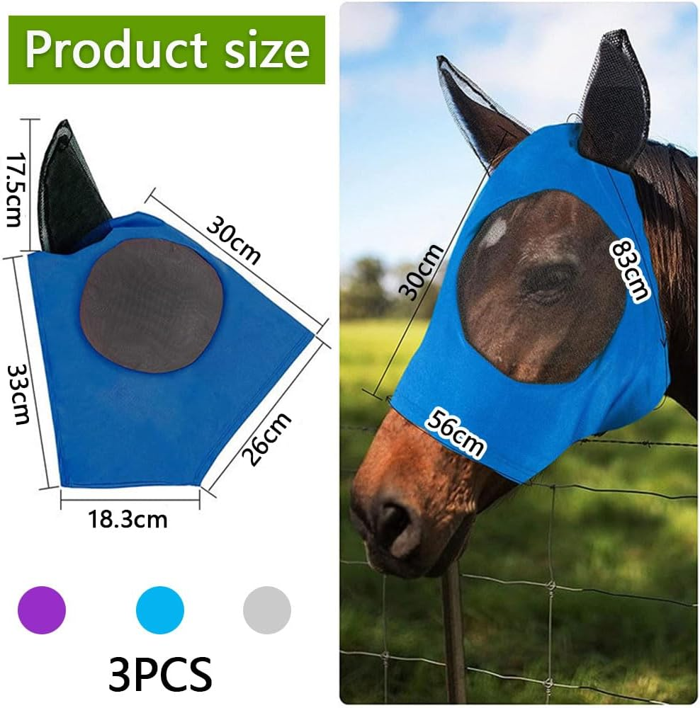 Fly Masks for Horses with Ears &ndash; Set of 3 Comfort-Fit Horse Fly Masks with UV Protection, Breathable Stretch Fabric, Soft and Lightweight for Small, Medium, and Large Horses image number 2