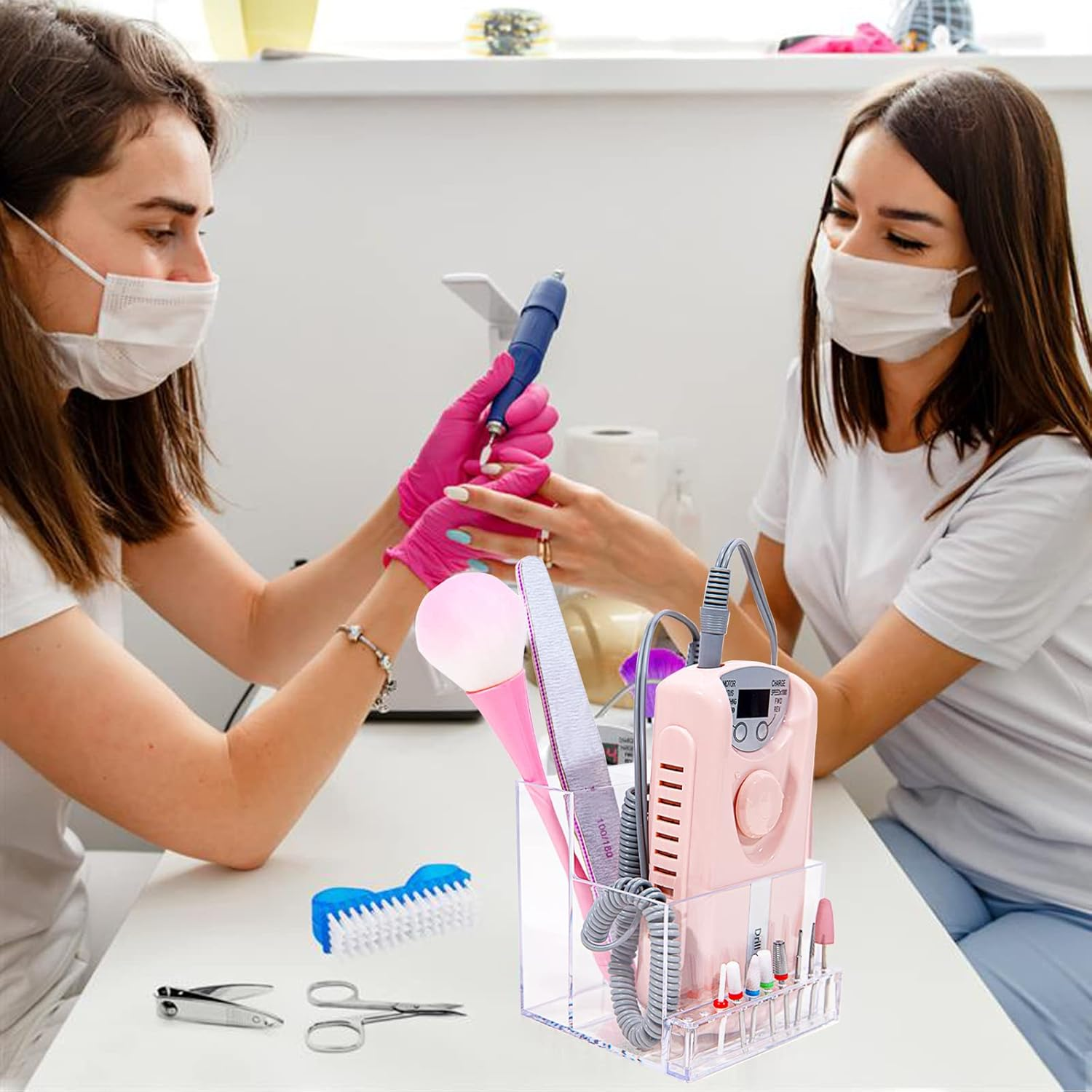 LXIANGN Nail Drill Machine & Bits Holder Storage Case,Transparent 10 Holes Nail Drill Grinding Bit Organizer Nails Manicure Tools Display Box for Nail Salon (Clear) - Pink image number 6