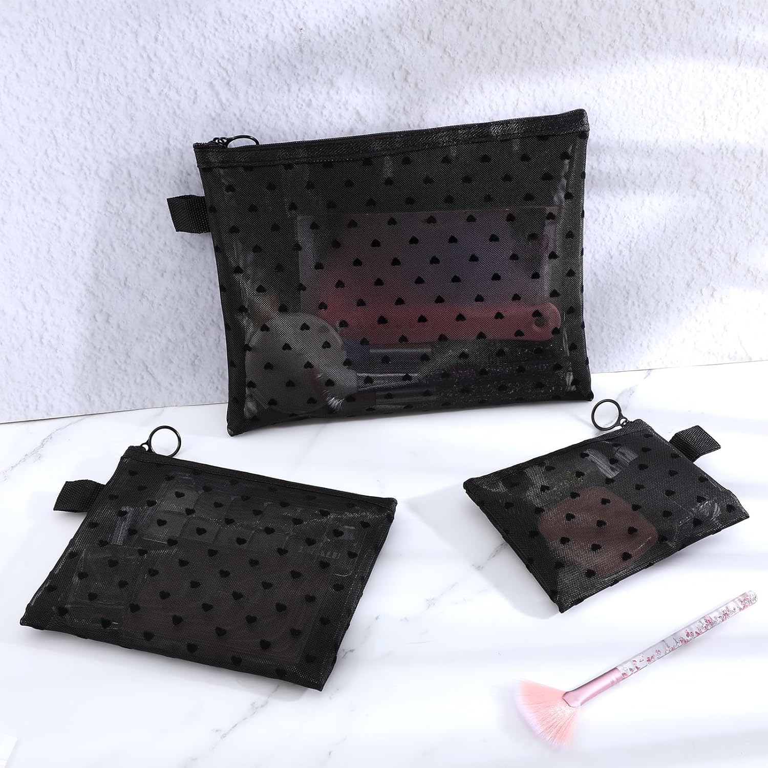 Classicseali Pack of 3 Nylon Cosmetic Bag, Mesh Bag, Small, Mini Mesh Bag with Zip, 3 Sizes Mini Toiletry Bag for Organisation, Black Cosmetic Bag Small for Travel, Storage, Home image number 3