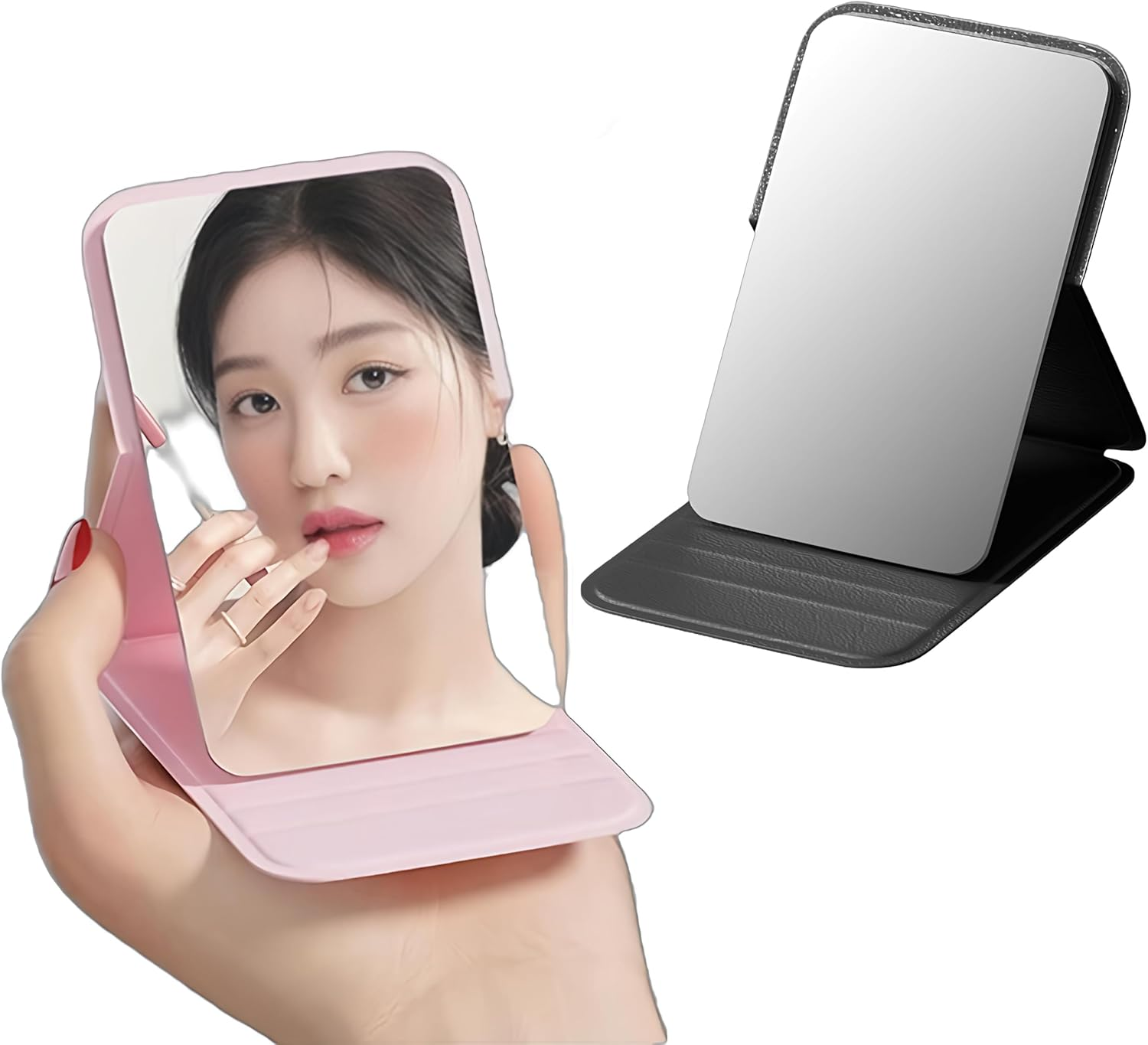 2 Pack Mini Portable Makeup Mirrors - Foldable Desktop Mirror with Leather Case, HD Anti-Distortion Glass for Students, Travel & Dorm (Black & Pink, 10Cm)
