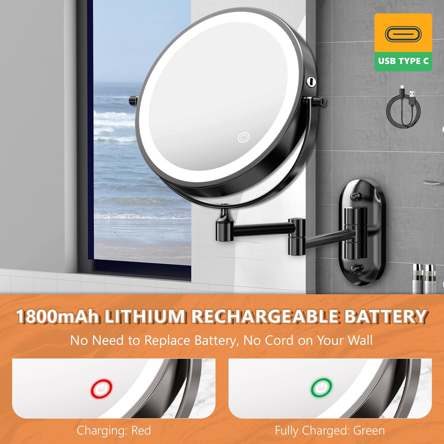 Auxmir Wall-Mounted Bathroom Makeup Mirror Double-Sided 1X/10X Magnification LED Illuminated 3 Light Colors USB Rechargeable Touch Sensor 360&deg; Rotation and Extendable for Bathroom, Black, X-8CB image number 1