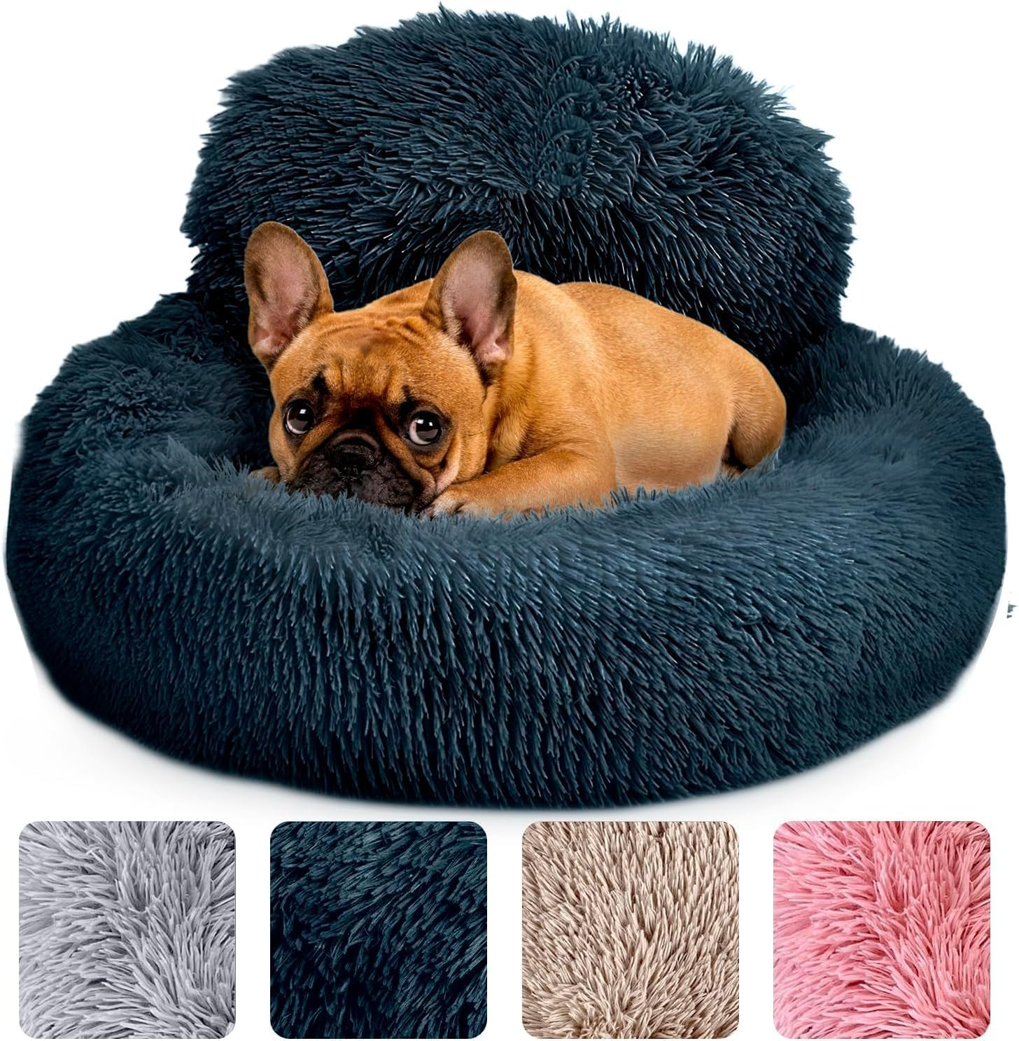 Calming Dog Bed - Donut Dog Beds for Small, Medium, Large Dogs, Washable round Dog Bed- Fluffy Plush Faux Fur Pet Bed, Anti-Anxiety Puppy Bed, 90Cm Fits up to 45Kg Pets (Dark Gray, S-60CM)