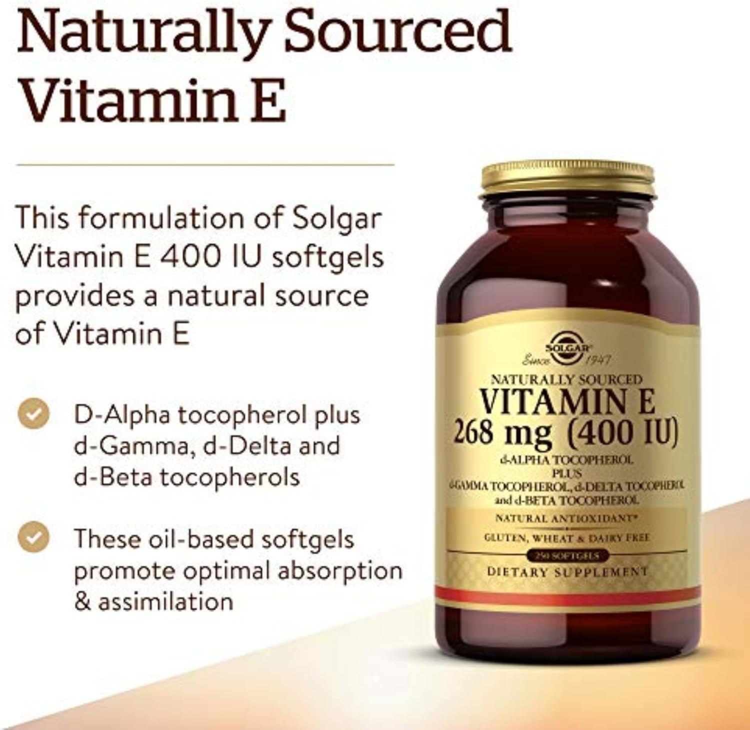 Solgar Vitamin E 400 IU Mixed Softgels D-Alpha Tocopherol and Mixed Tocopherols, 250 Count image number 4