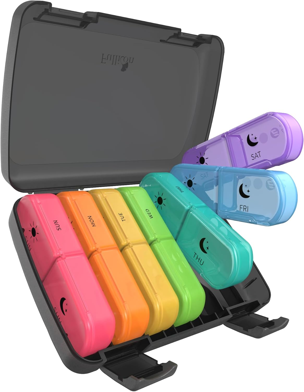 Fullicon Extra Large AM PM Pill Organiser 7 Day &ndash; Weekly Pill Box 2 Times a Day, Travel Medicine Container, Vitamin & Supplement Dispenser, Jumbo Dosette Case for Purse or Handbag (Black)