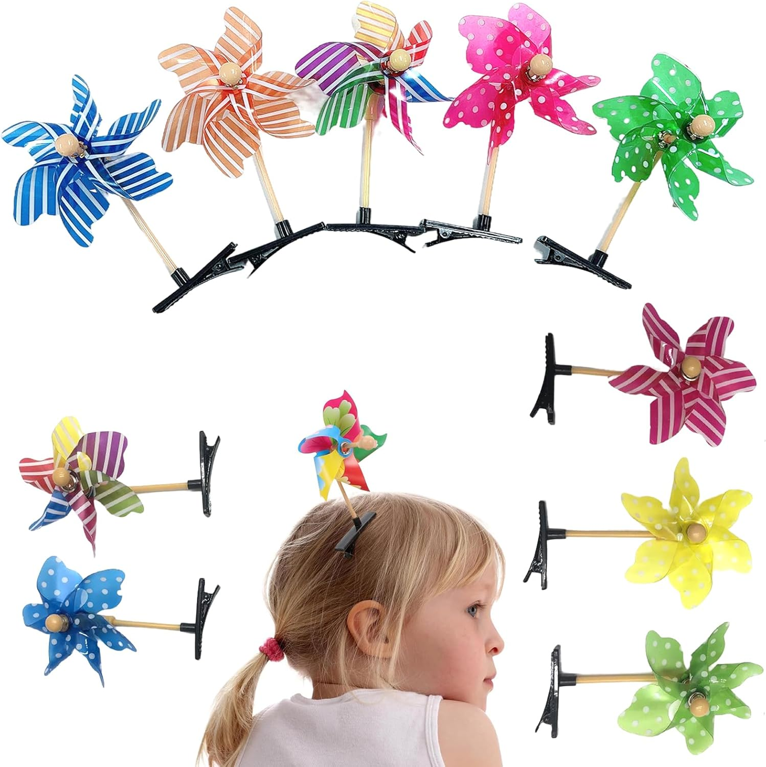 Hair Clip, Windmill, Pack of 10 Small Hair Pins with Rotating Windmills, Colourful, Hair Clip for Parties, Stage Performances, Excursions image number 1