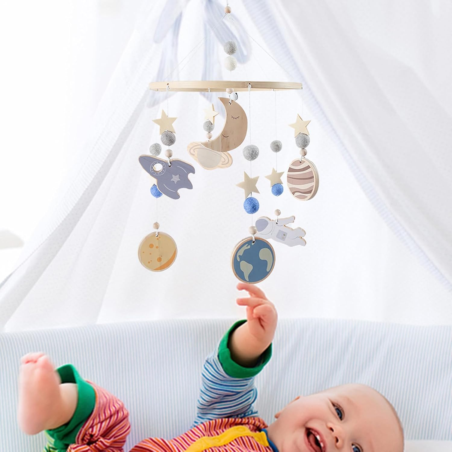 Baby Bed Mobile, Children'S Room Wooden Decoration with 360 Degree Rotation - Bed Mobile 360 Degree Rotatable with Soothing Effect for Children'S Room and on the Go image number 5