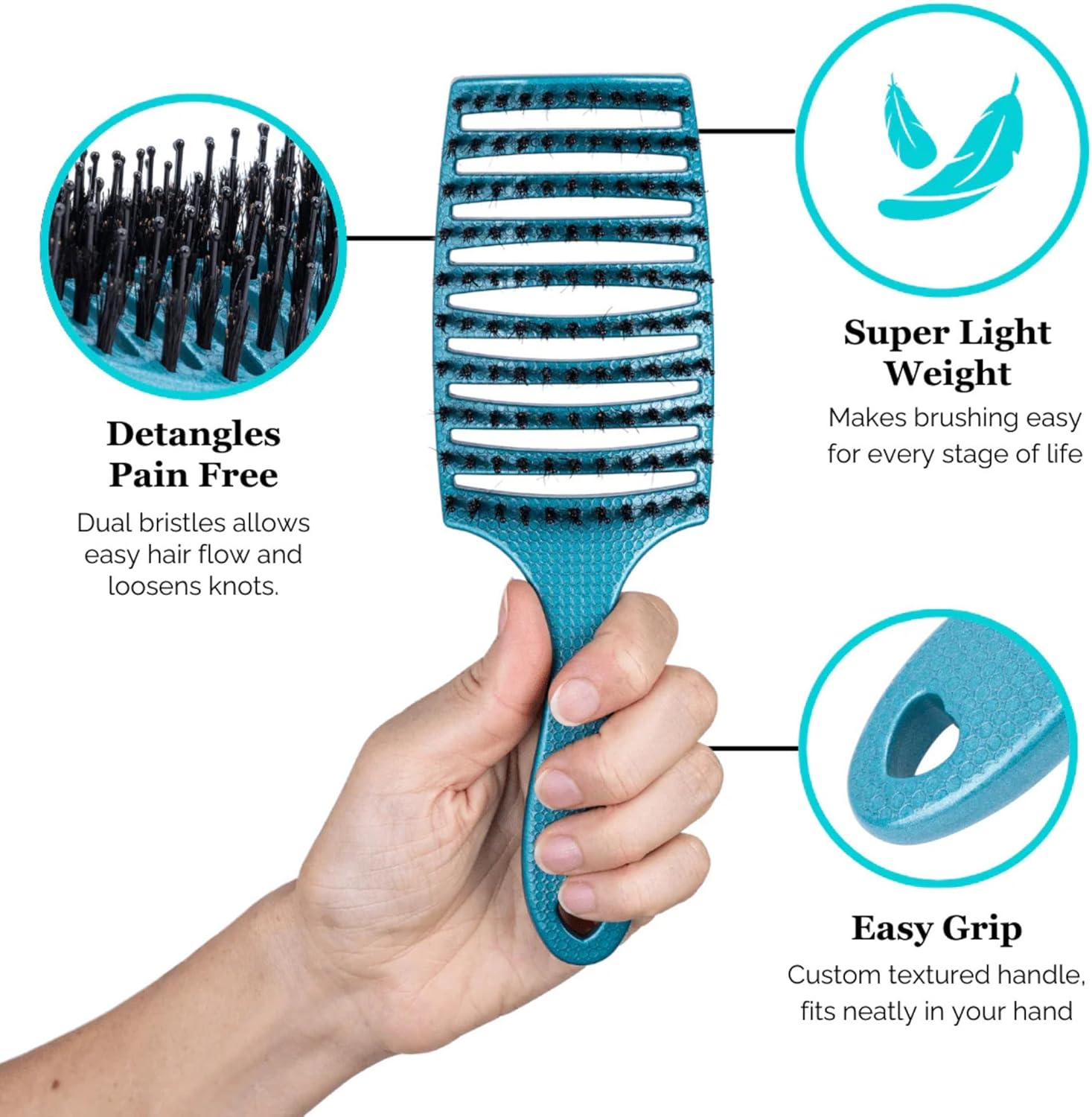 HAPPY HAIR Happy Detangler Paddle Brush with Boar Bristles & Nylon Pins | Designed by Women to Detangle & Smooth Thick, Fine or Curly Hair | Pain-Free Slick Back Brush, Ultra Lightweight (Teal) - Happy Detangler Paddle, Gold image number 2