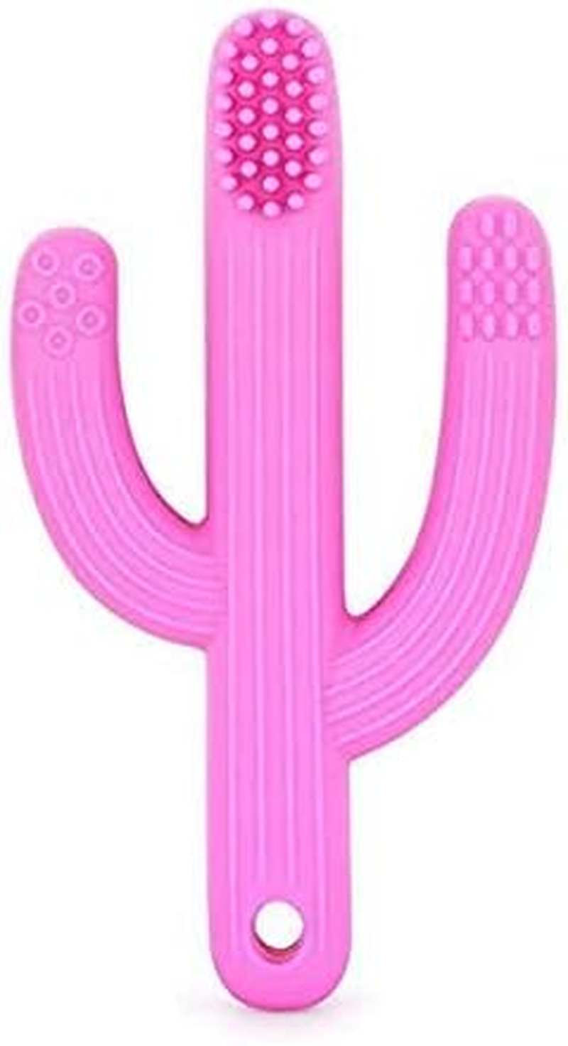 Pickle & Olive Baby Cactus Teether Toy- Infant Training Toothbrush, with Soother/Binky/Pacifier/Dummy Chain Holder/Strap (Pink)