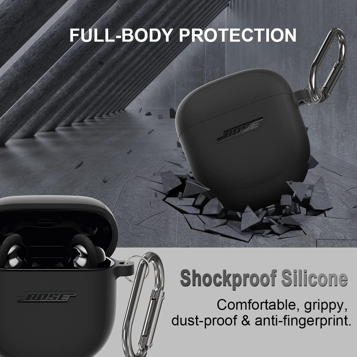 Bose Quietcomfort Earbuds II and Ultra Silicone Case (2022-2023) - Shockproof Protective Cover for Men and Women with Keychain (Black) image number 3