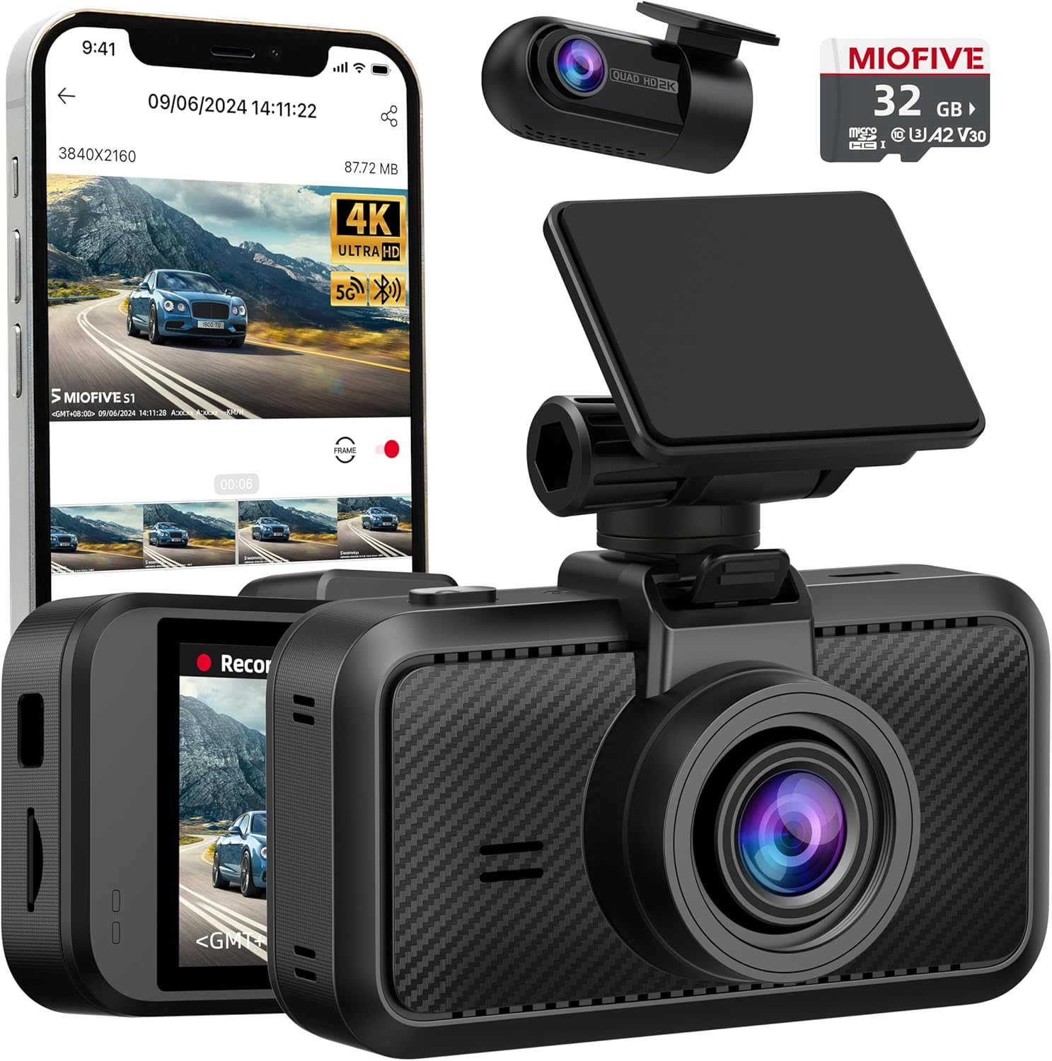 Miofive Dash Cam Front and Rear, 4K+2K Dash Cam for Car, 5G Wifi Bluetooth GPS Car Camera, 32GB SD Card Included, HDR, Loop Recording, Night Vision, 24H Parking Mode, App Control, Support 512GB Max image number 5