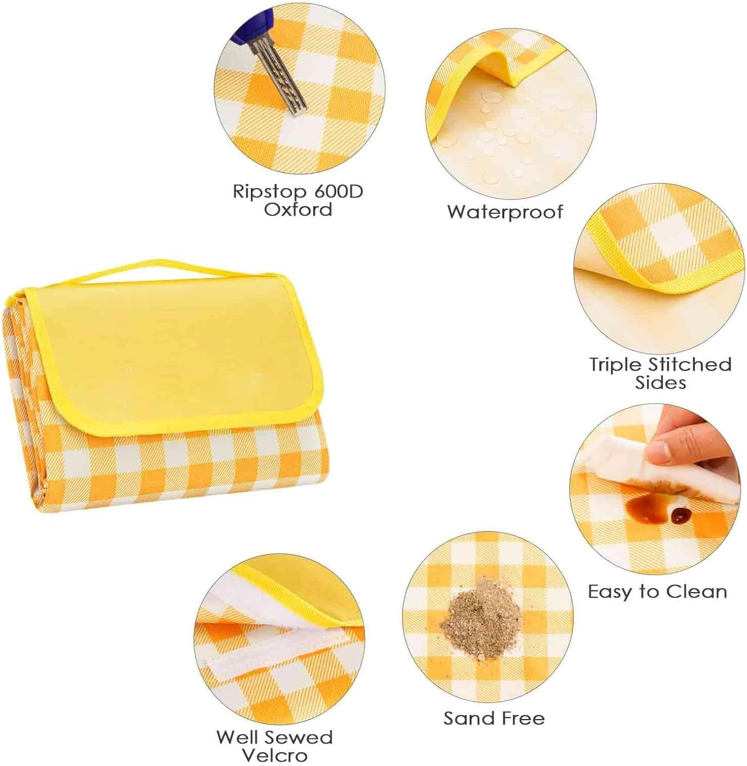 Picnic Outdoor Blankets, Extra Large 200 * 300CM Beach Blanket, Thick 3-Layers Camping Waterproof Mat for Camp Hiking Park, Portable Foldable Rug for Family-Yellow, Sandproof & Machine Washable. image number 2
