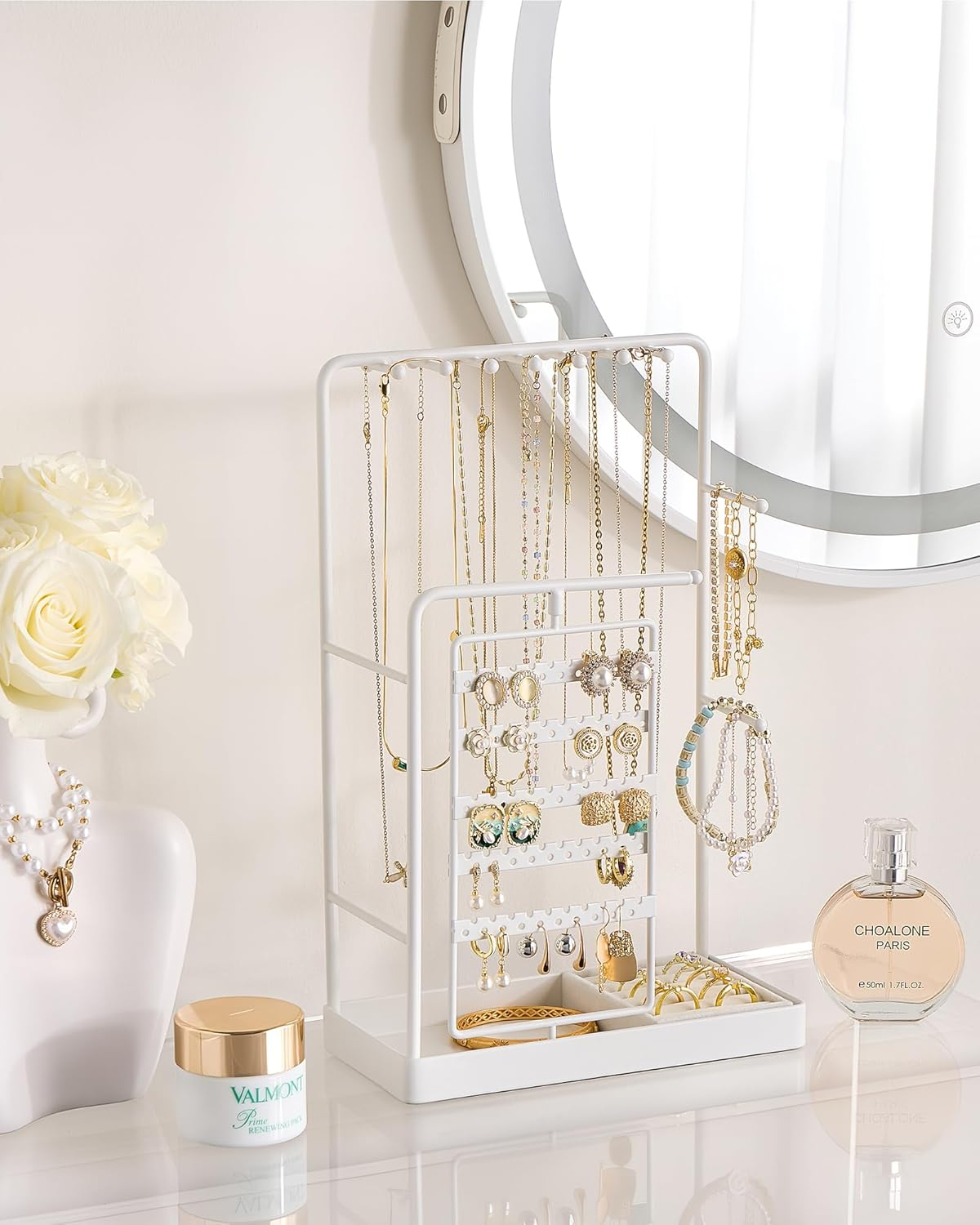 Procase Jewelry Stand Holder Organizer and Storage, Jewelry Display Stand Tower Rack with Velvet Ring Tray, Rotating Earring Display Hanging, Bracelet Necklace Holder, for Women Girls -White - Gold image number 4