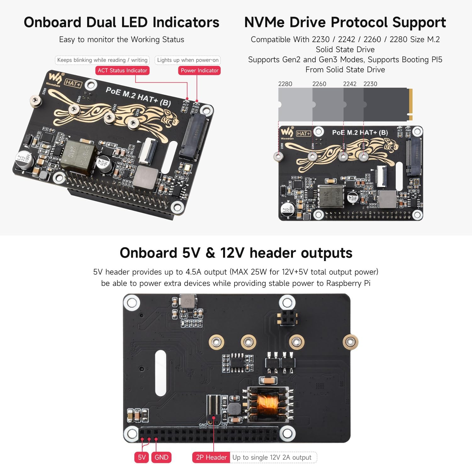 Waveshare Pcie to M.2 Adapter with Poe NVME Function (B), Compatible with Raspberry Pi 5, Supports 2230/2242 / 2260/2280 POE Nvme Protocol M.2 Solid State Drive, High-Speed Reading/Writing image number 5