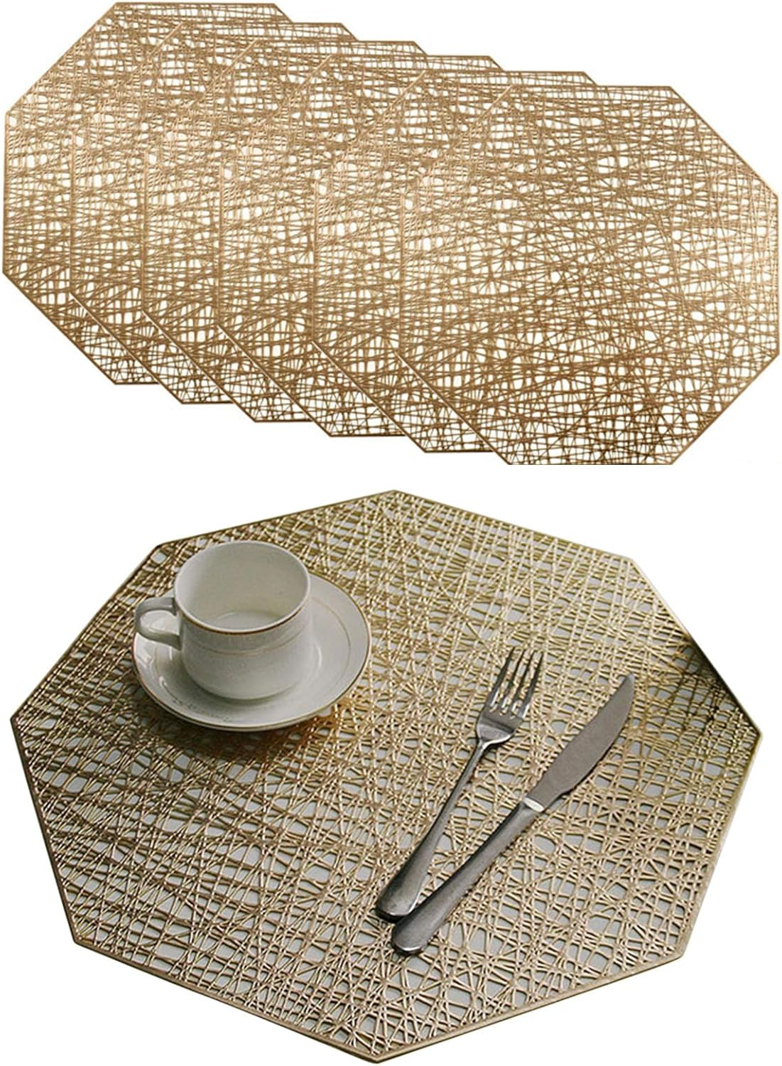 XUNQUCOM Hollowed Out Octagonal Light Luxury Insulated Table Mat 6Pcs (Silver)