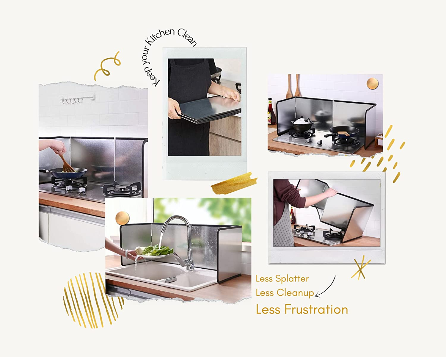 AUS Living Splatter Screen Guard for Stovetop, Kitchen, Sink. 4-Panel Arrangement (Large Size) Prevent Oil Splash, Non-Stick Material, Washable, Corrosion Resistant. Keep Your Kitchen Clean! image number 1