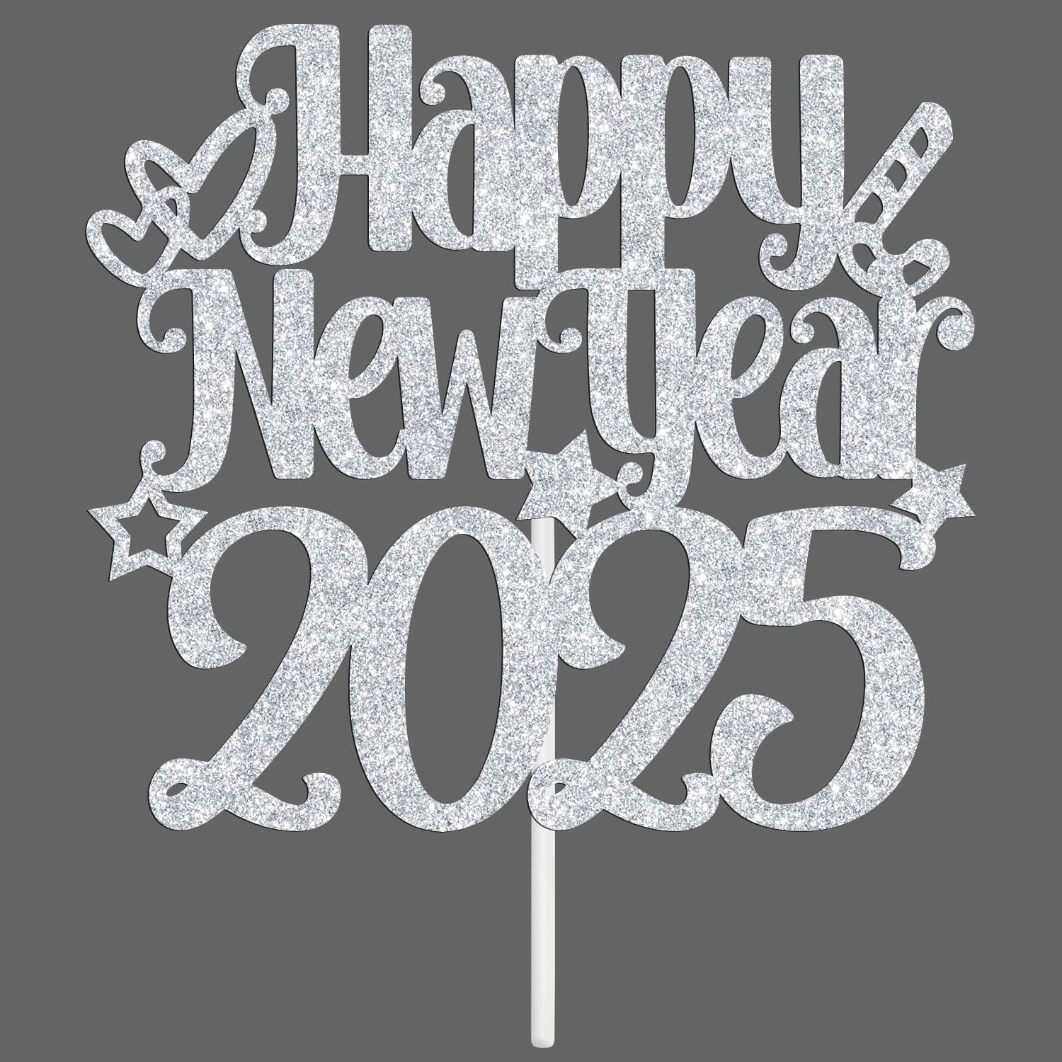 Happy New Year 2025 Cake Topper, Happy Holiday/Merry Christmas Cake Decor, New Year'S Eve Festival Party Decoration Suppllies, Silver Glitter image number 2