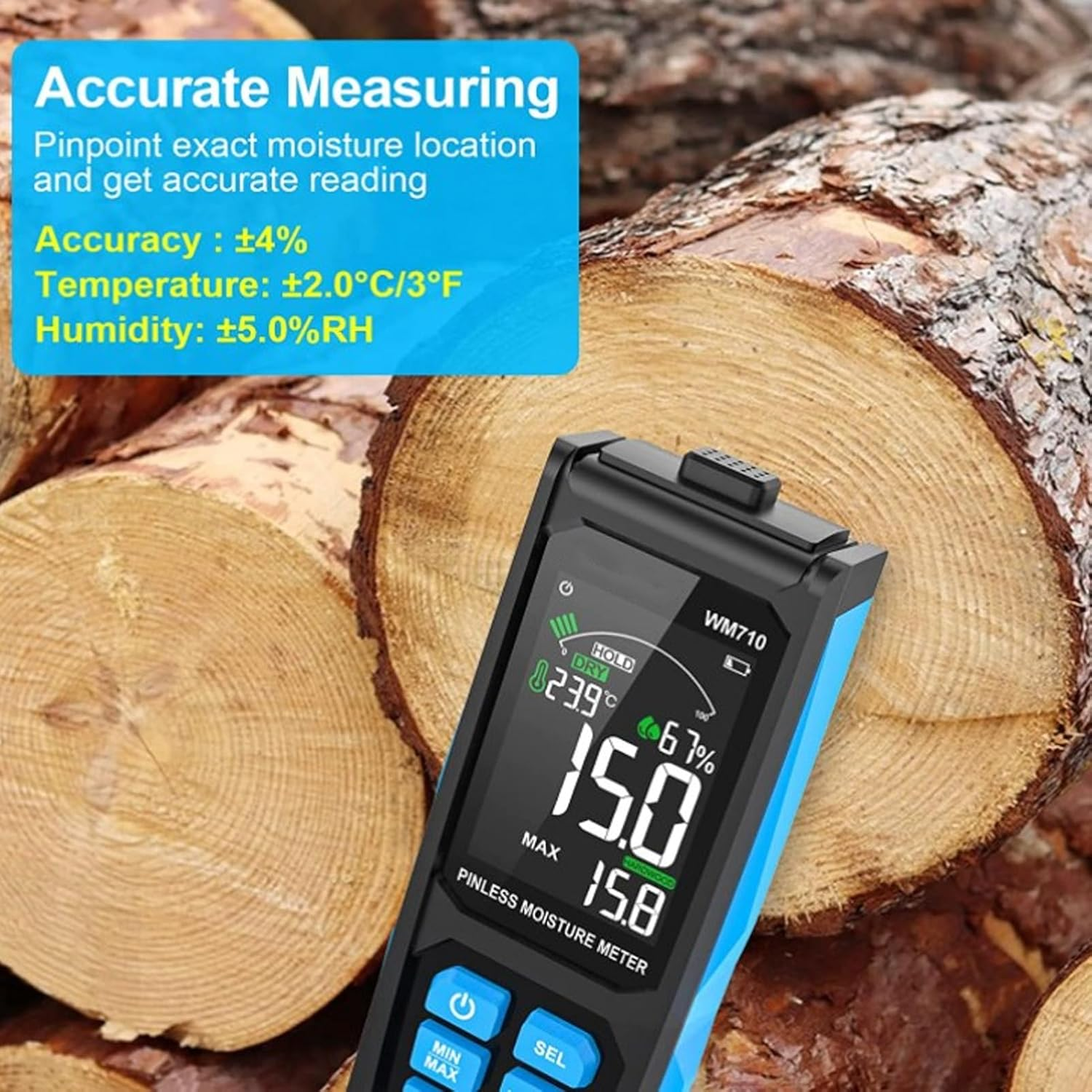 Pinless Moisture Meter for Leak Detection, Digital Wood Moisture Detector Wall Humidity Sensor Water Damage Detector for Building Materials image number 6