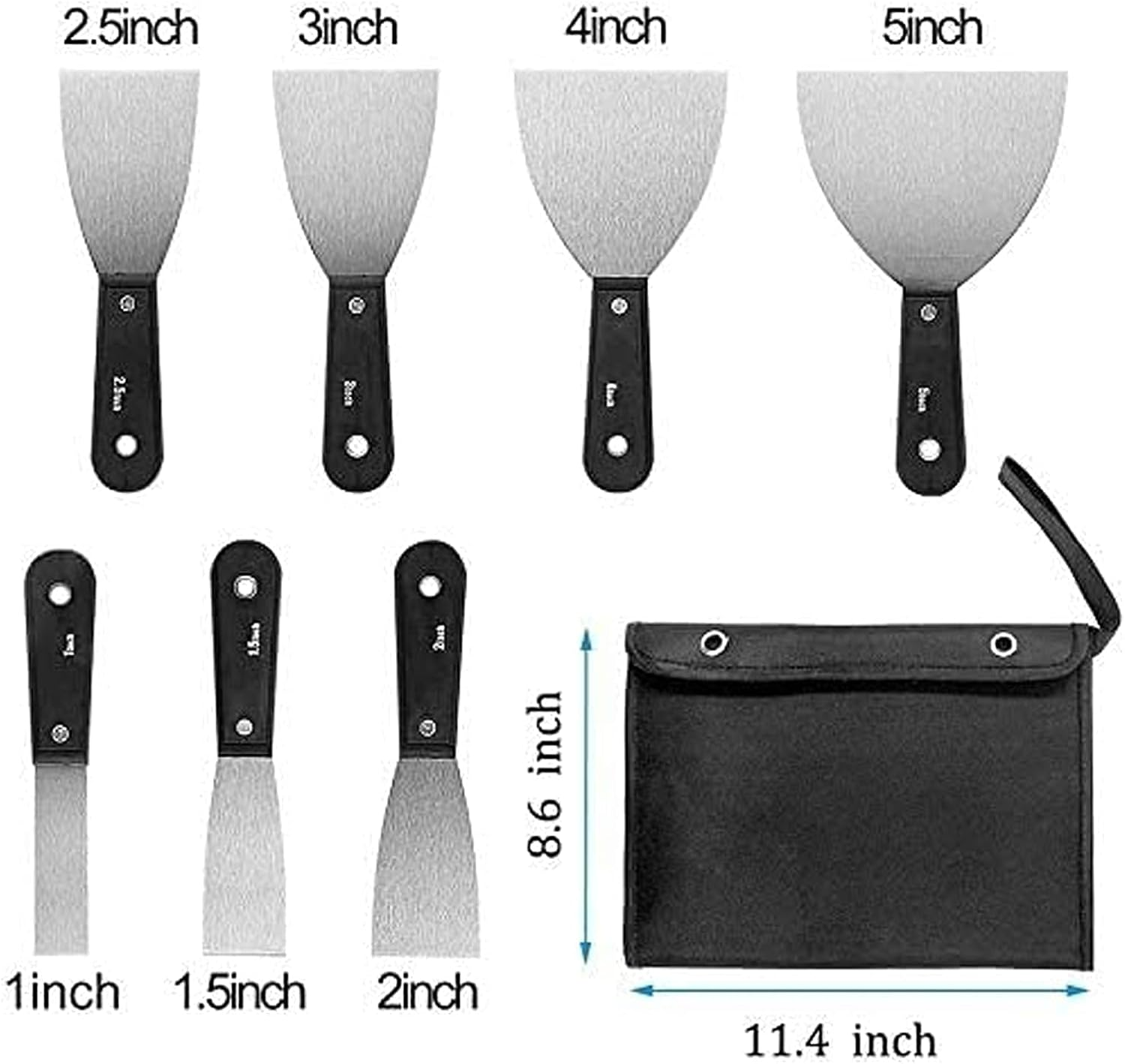 7 PCS Drywall Paint Scraper Tool Set with Storage Bag, Multi-Size Stainless Steel Putty Knives (1, 1.5, 2, 2.5, 3, 4, 5 Inch) for Spackling, Wallpaper Removal, Plaster Scraping & Mud Application image number 6