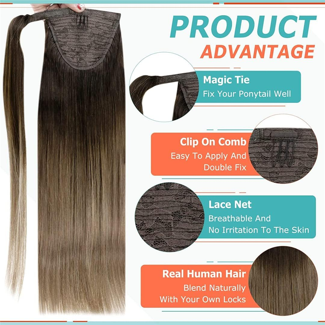 Ponytailtail Human Hair Straight Wrap around Ponytailtail Clip Brown Ponytailtail 70Grams No Claw Clip 18P613 12 Inches 70G