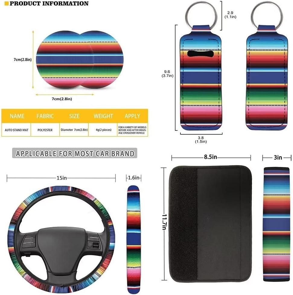 Wideasale Mexican Blanket Serape Stripe Pattern Colorful 12 Pcs Set Car Accessories Universal Fit Full Seat Cover+Steering Wheel Covers+Keychain+Lipstick Holder+Coaster Auto Interior Protector image number 1