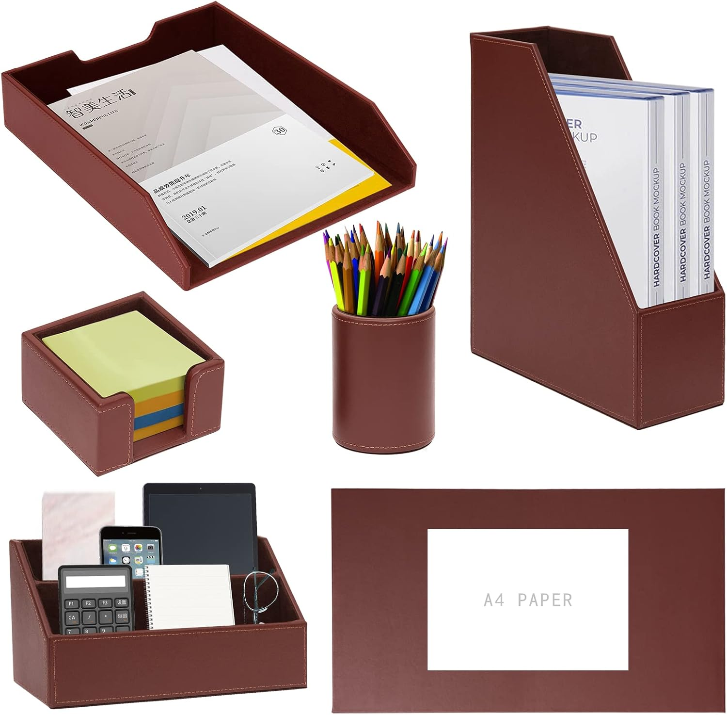 XNONE Office Supplies PU Leather 6-Piece Desk Organizer with Writing Pad, Letter Tray, File Folder Sorter, Pen Cup, Note Holder, Business Card Holder - Brown
