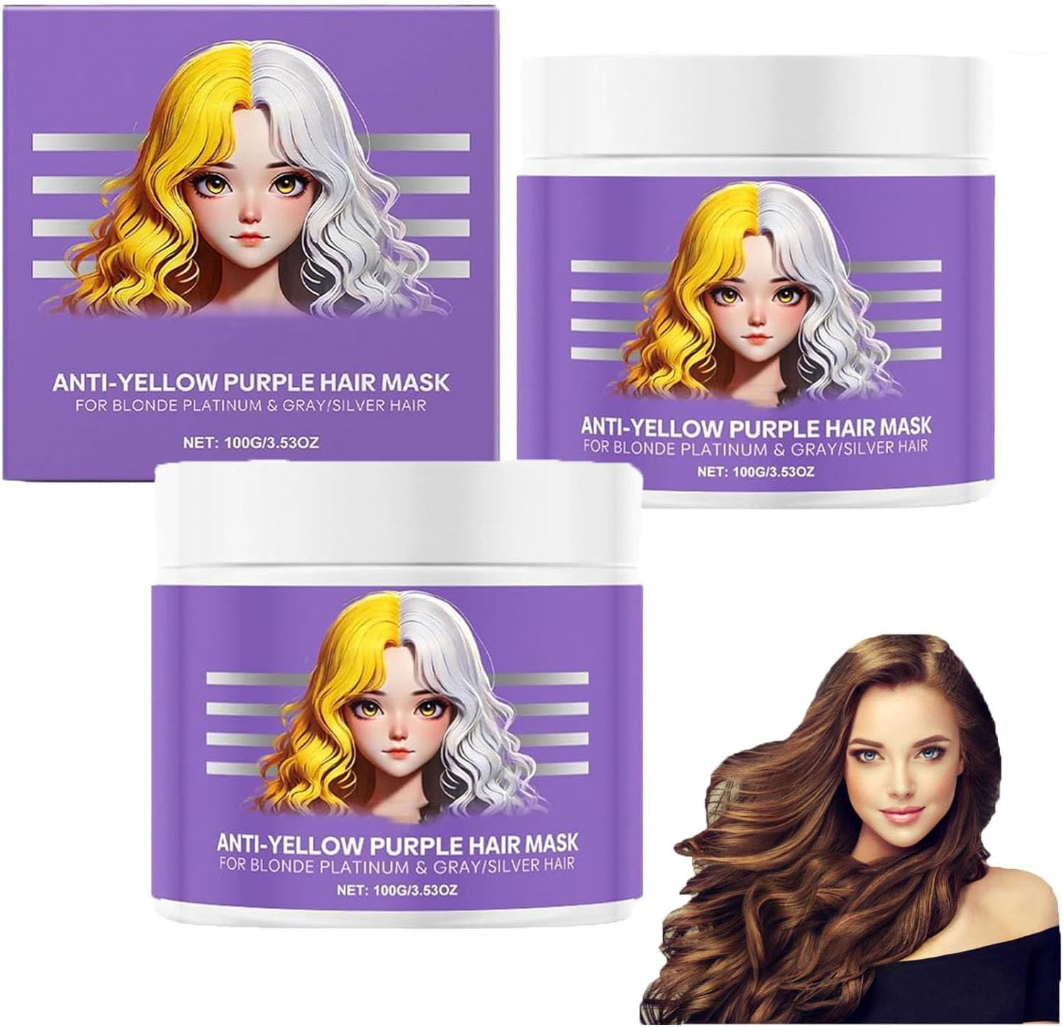 Anti-Yellowing Purple Hair Mask,Anti Yellow Purplehair Mask,Purple Hair Masks for Blonde Hair,Purplemoisturizing Conditioner,Remove Yellow Tones & Condition Dry,Rich Roots for All Hair Types (3Pcs)